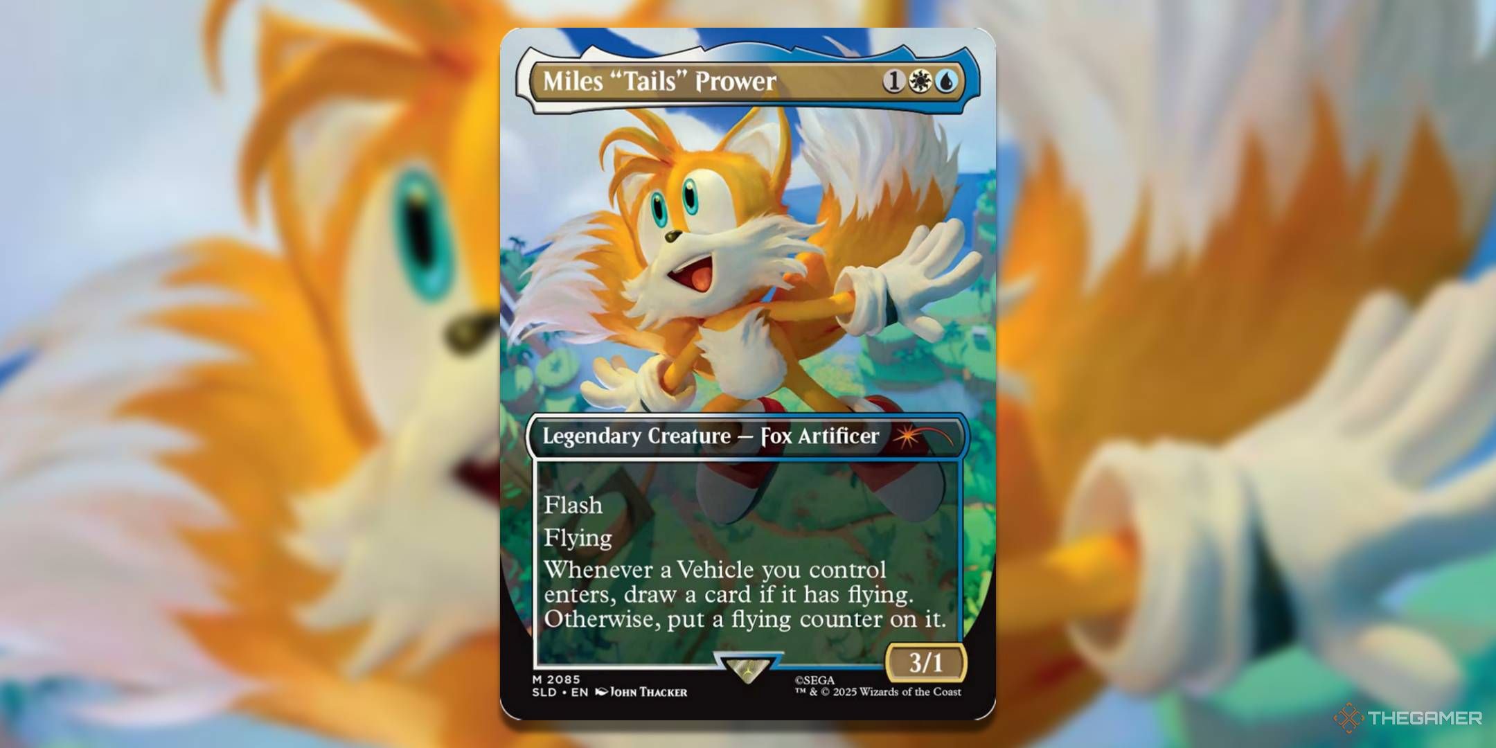 MTG Miles Tails Prower card with the art in the background.