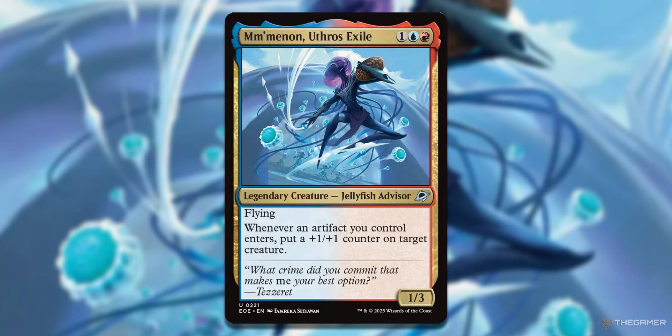 MTG Mm'menon, Uthros Exile card with the art in the background.