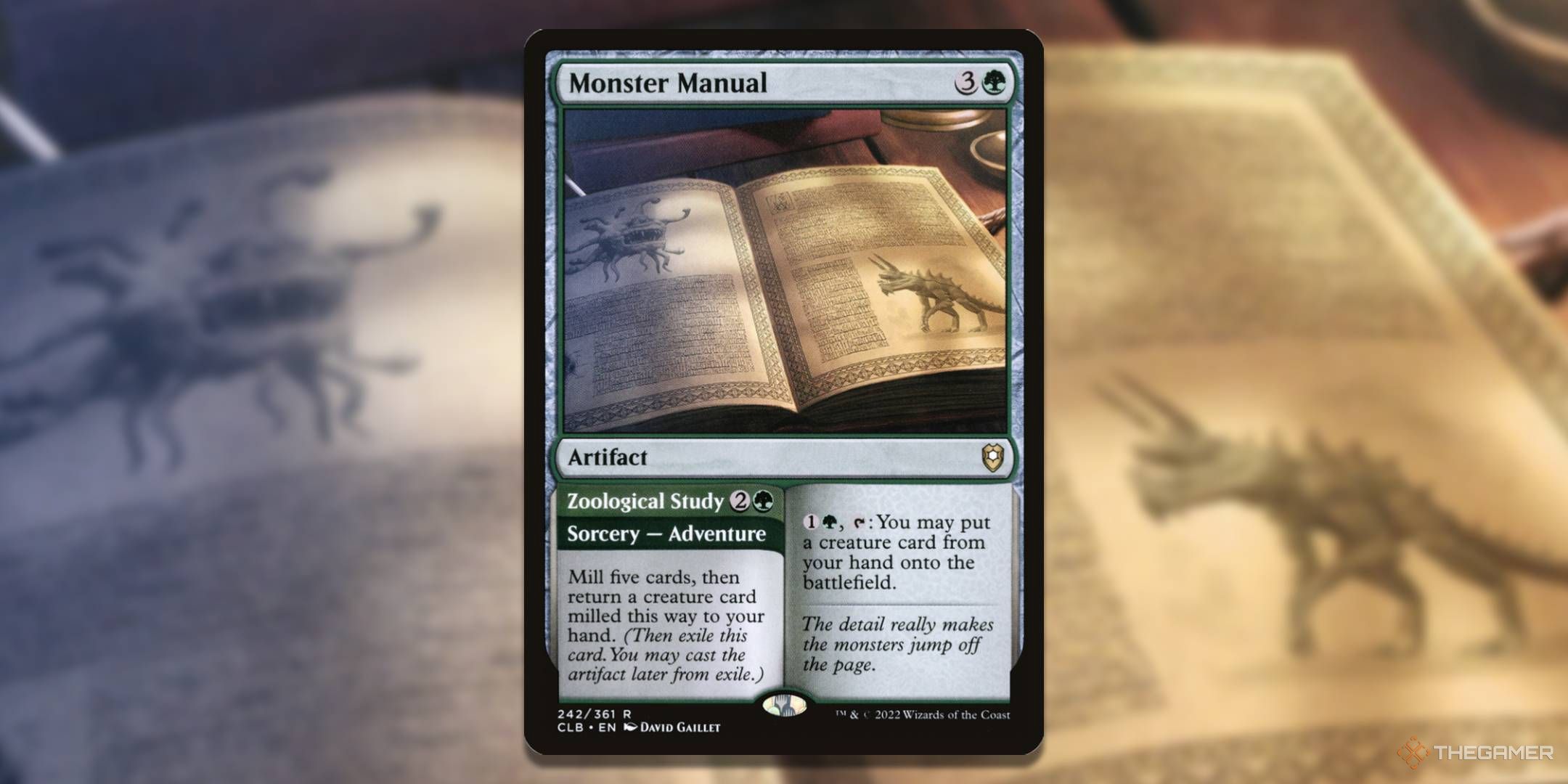 MTG Monster Manual card with the art in the background.