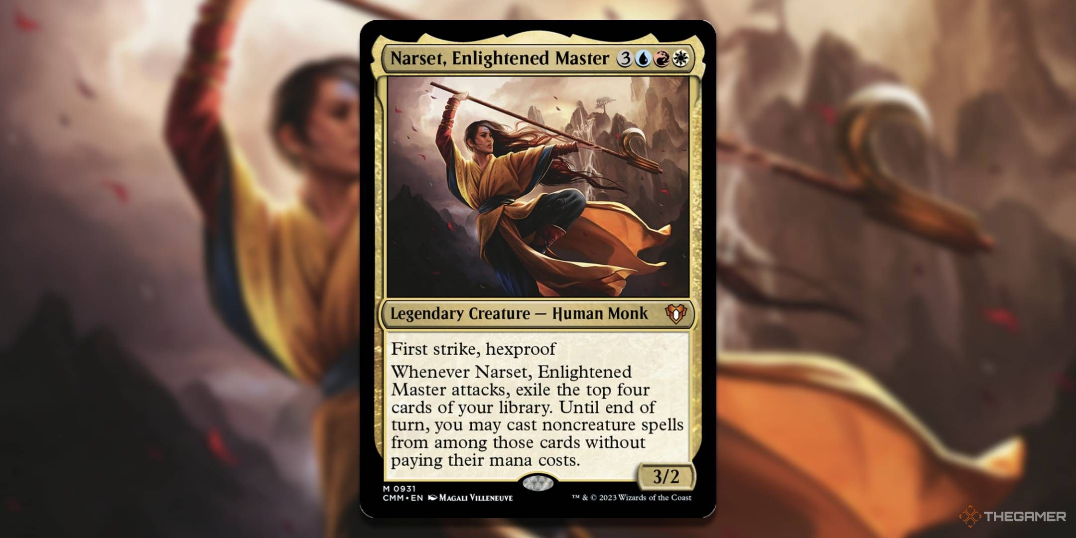 MTG Narset, Enlightened Master card with the art in the background.