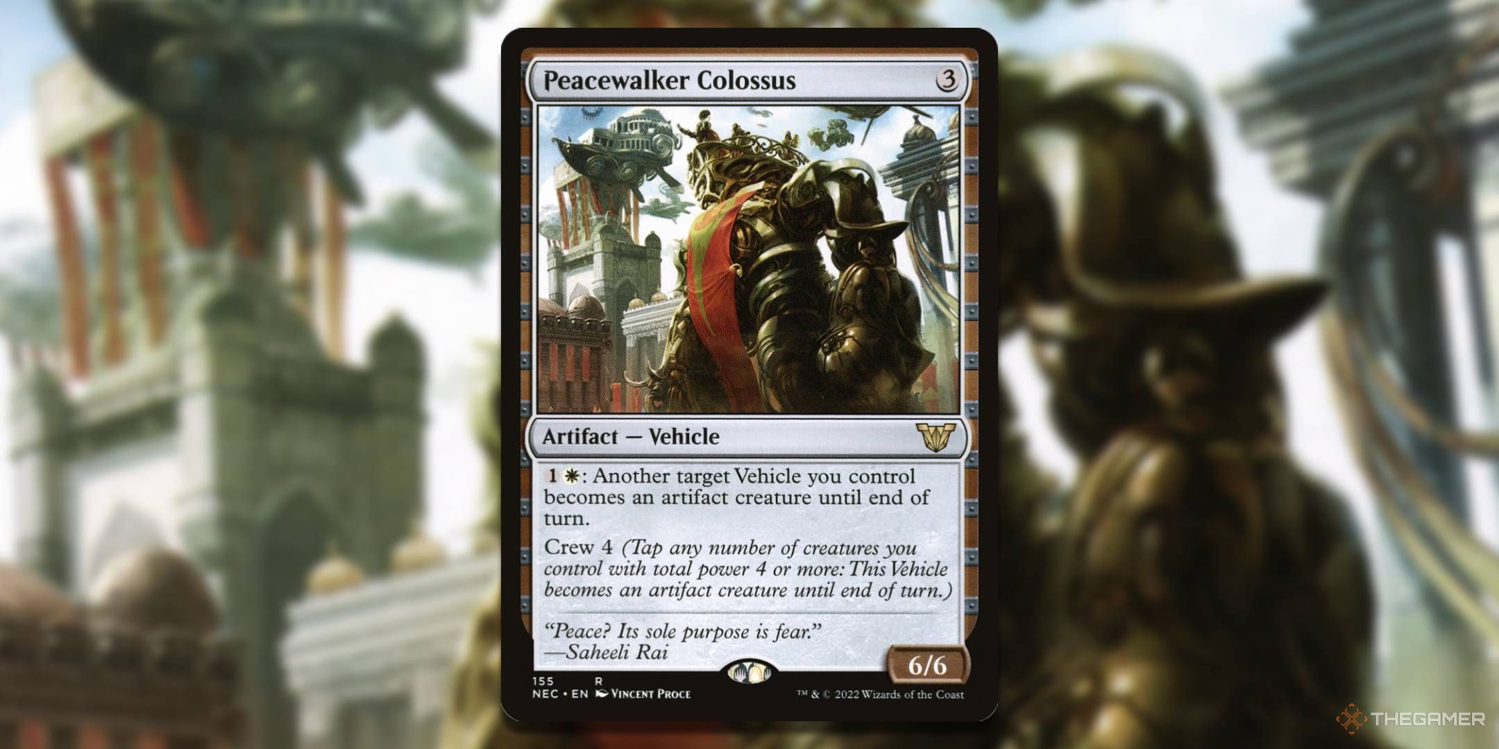 MTG Peacewalker Colossus card with the art in the background.