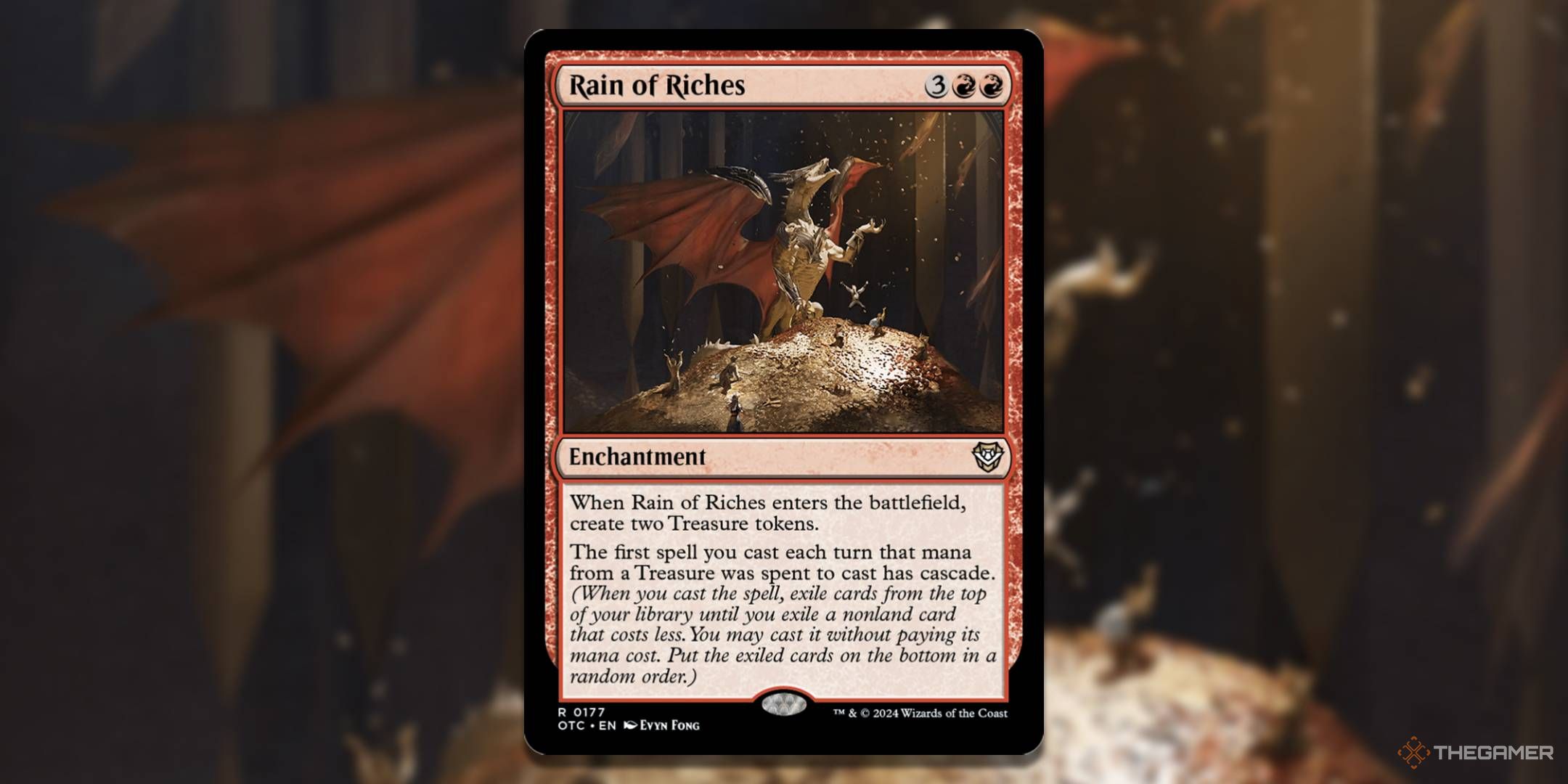 MTG Rain of Riches card with the art in the background.