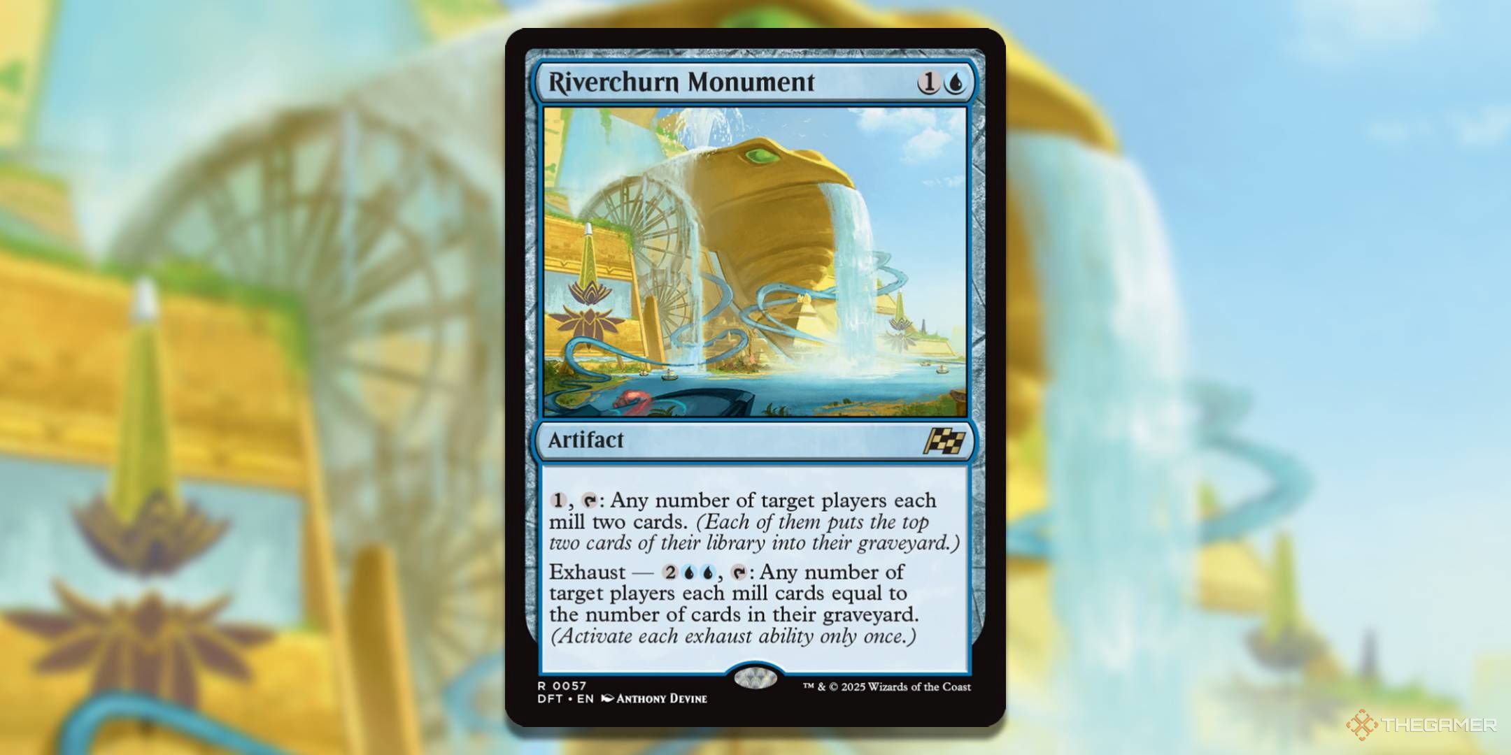 MTG Riverchurn Monument card with the art in the background.
