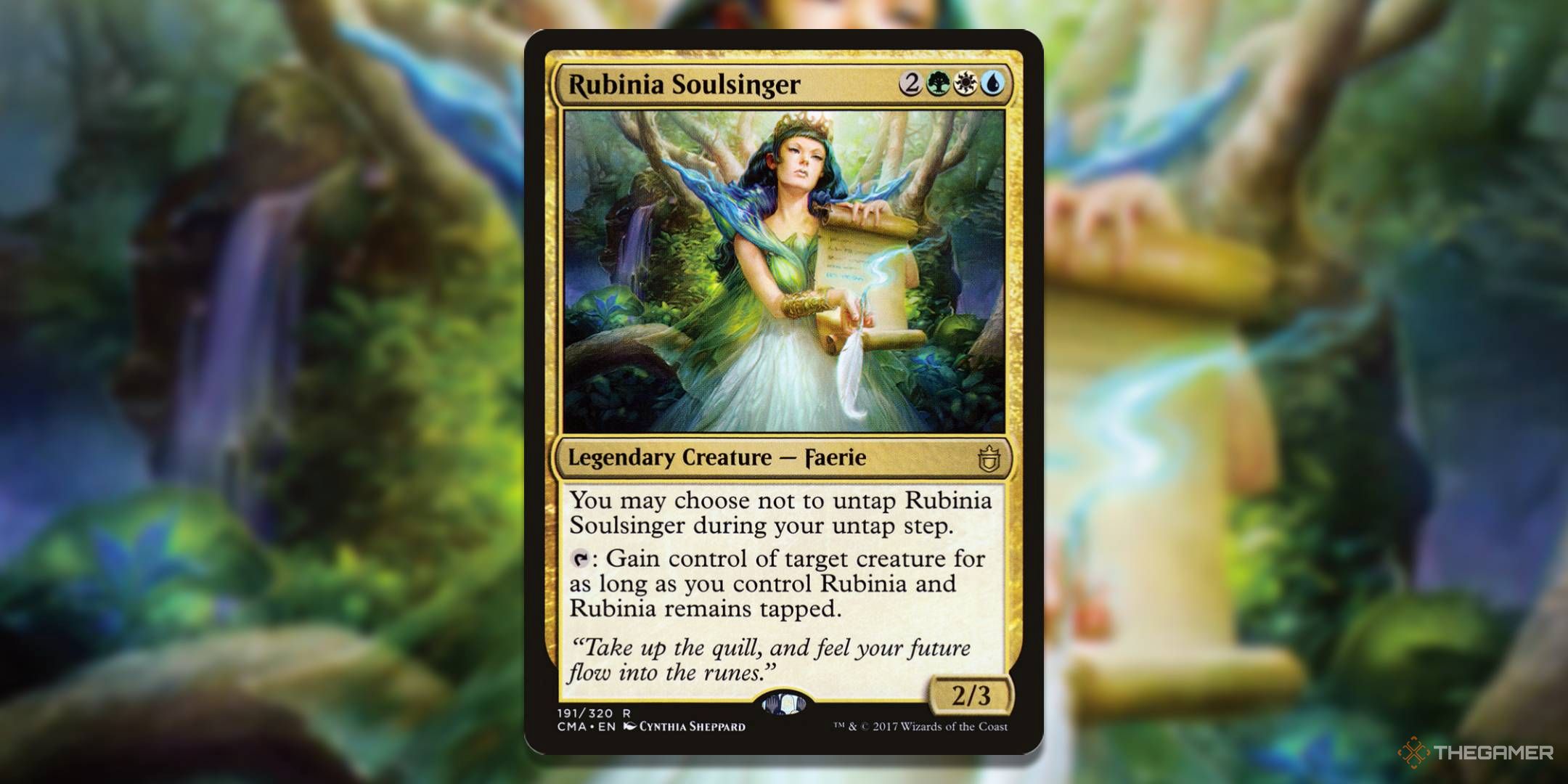 MTG Rubinia Soulsinger card with the art in the background.