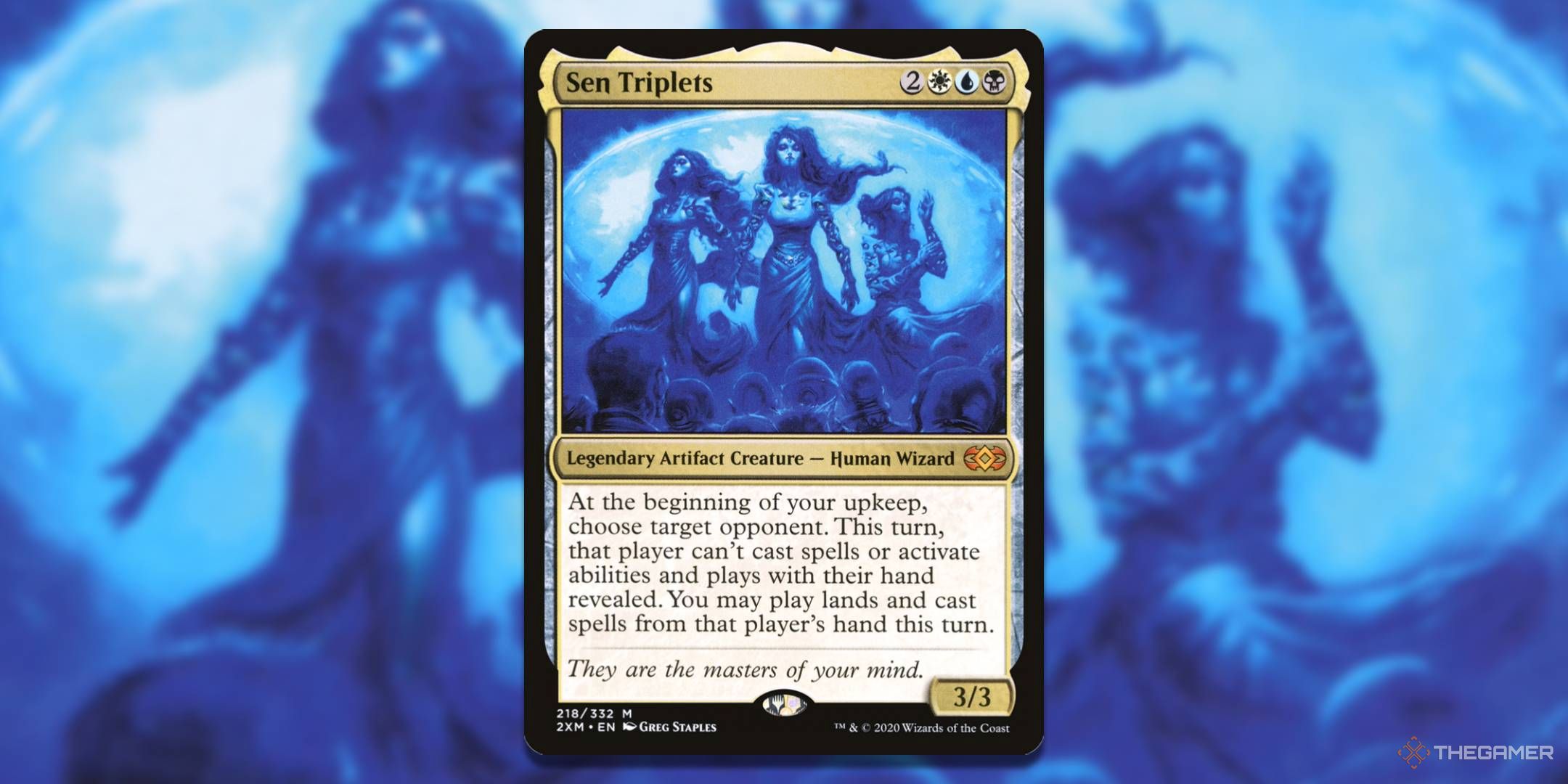 MTG Sen Triplets card with the art in the background.