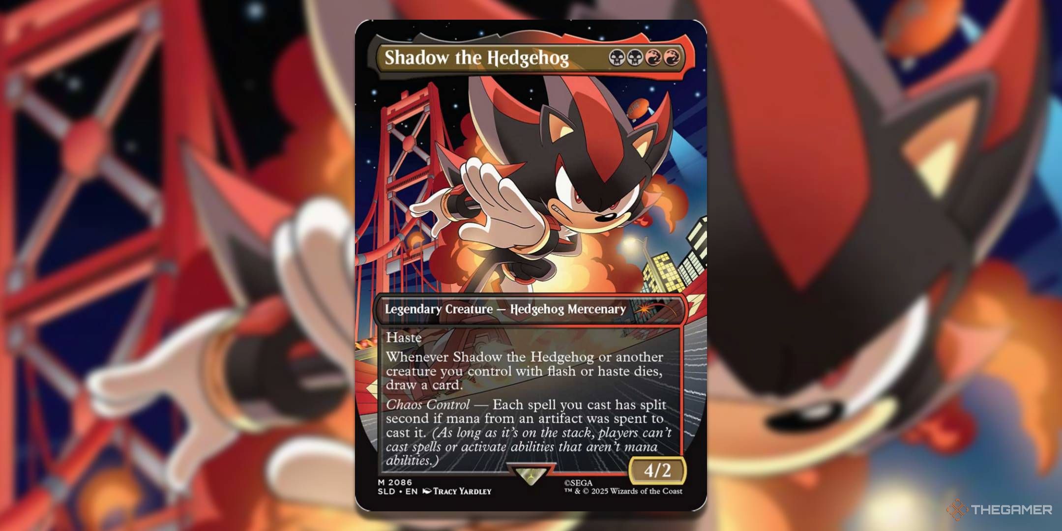 MTG Shadow the Hedgehog card with the art in the background.