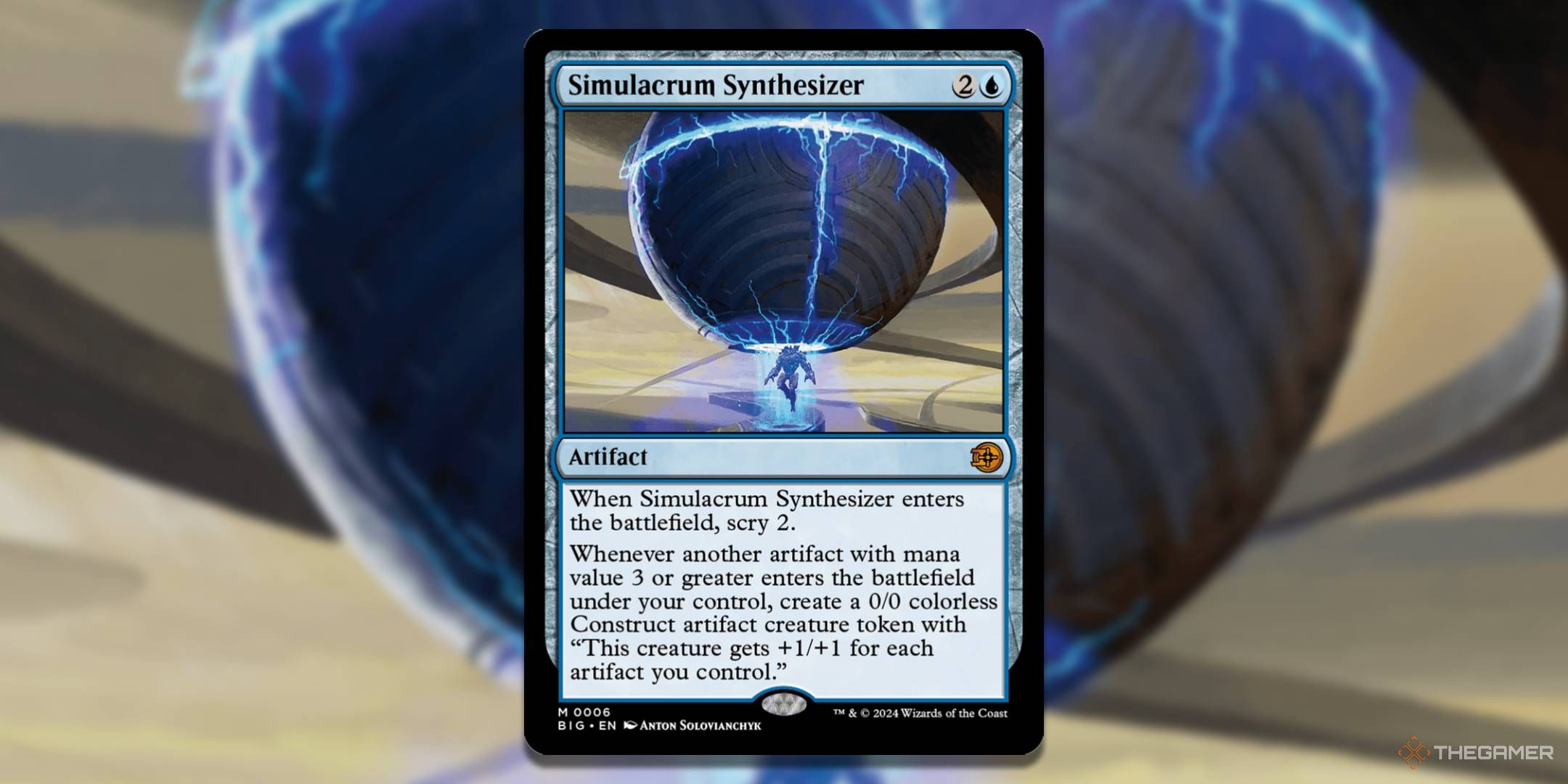 MTG Simulacrum Synthesizer card with the art in the background.