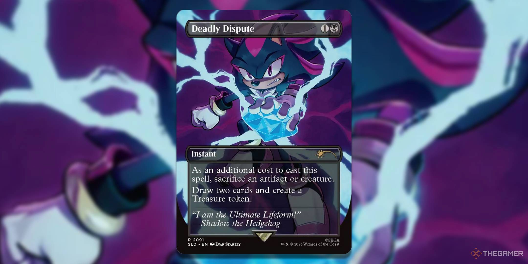 MTG Sonic Deadly Dispute card with the art in the background.