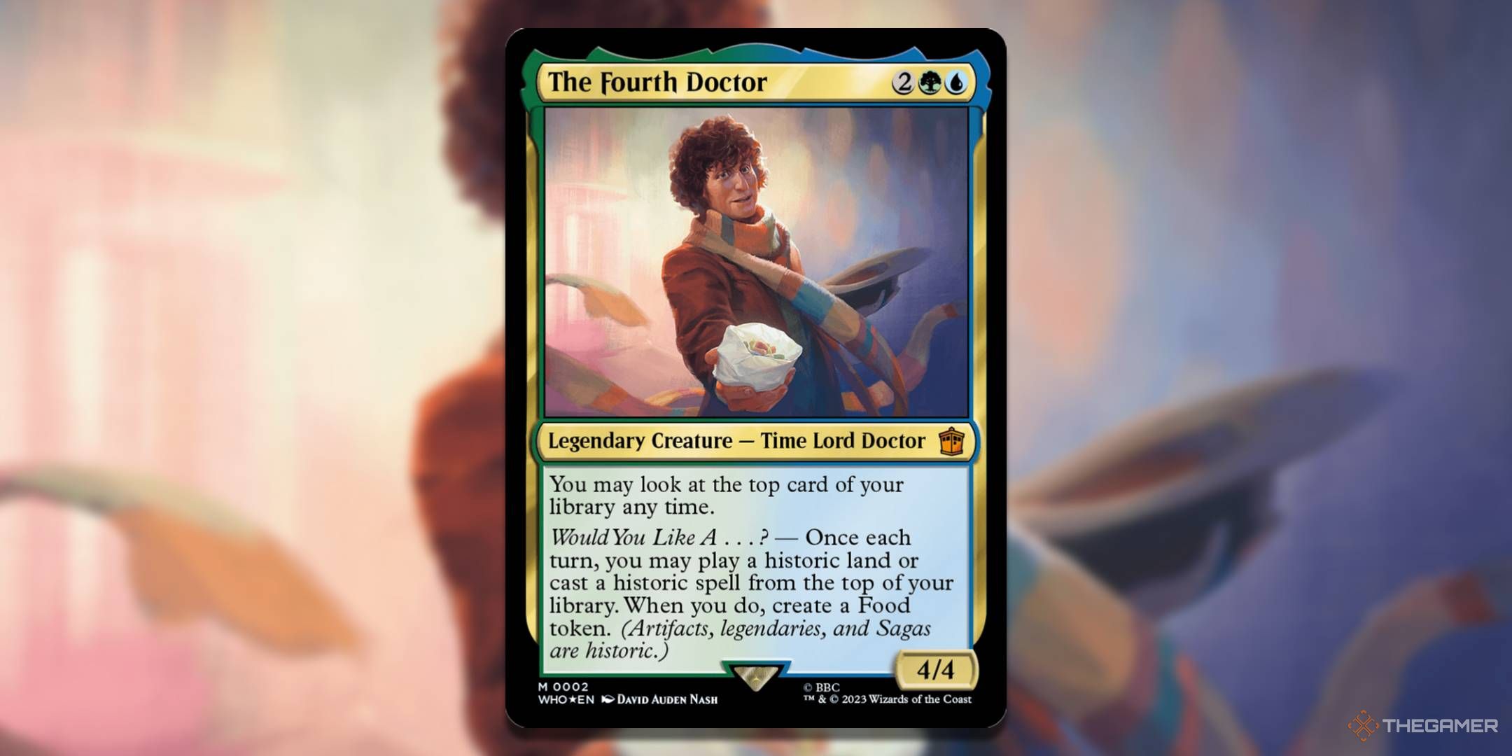 MTG The Fourth Doctor card with the art in the background.