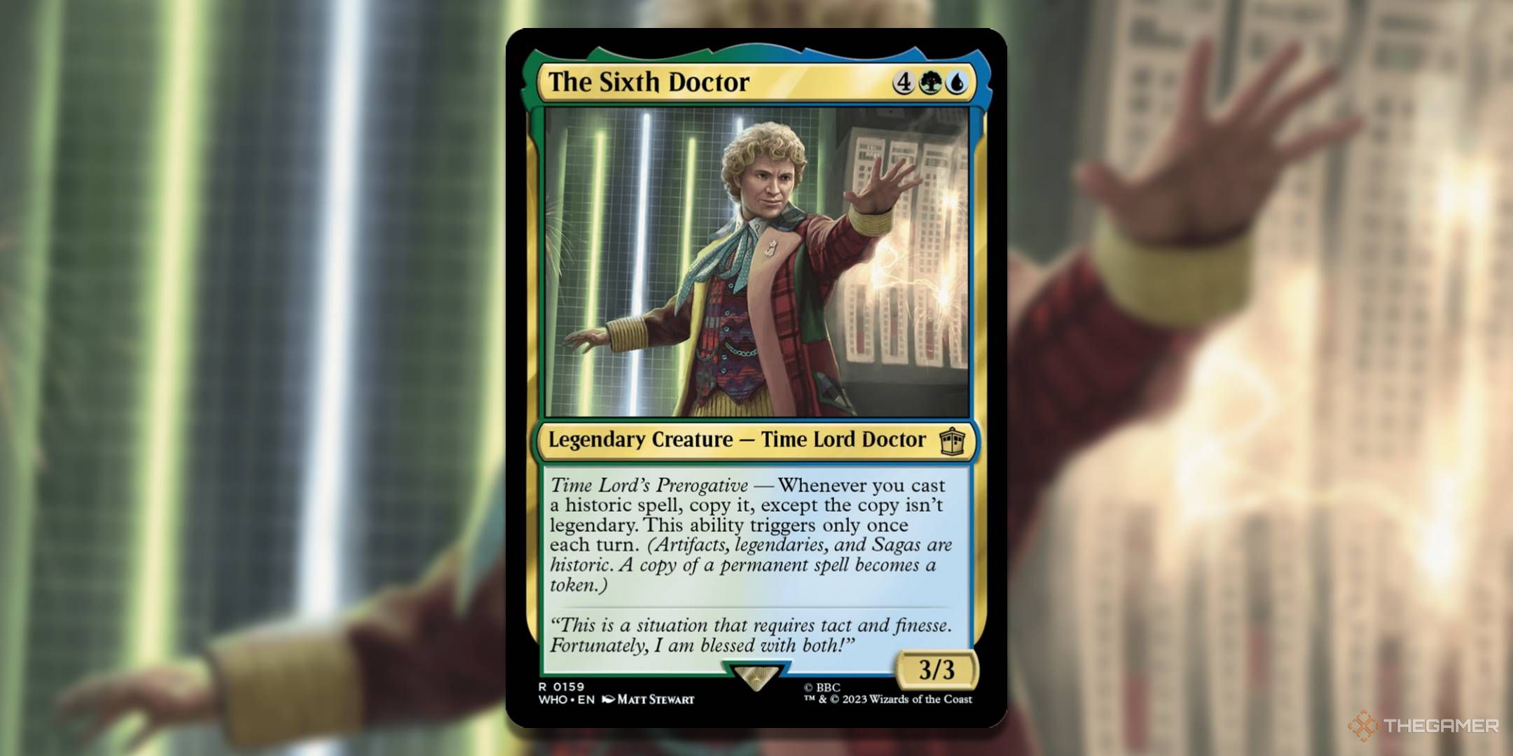 MTG The Sixth Doctor card with the art in the background.