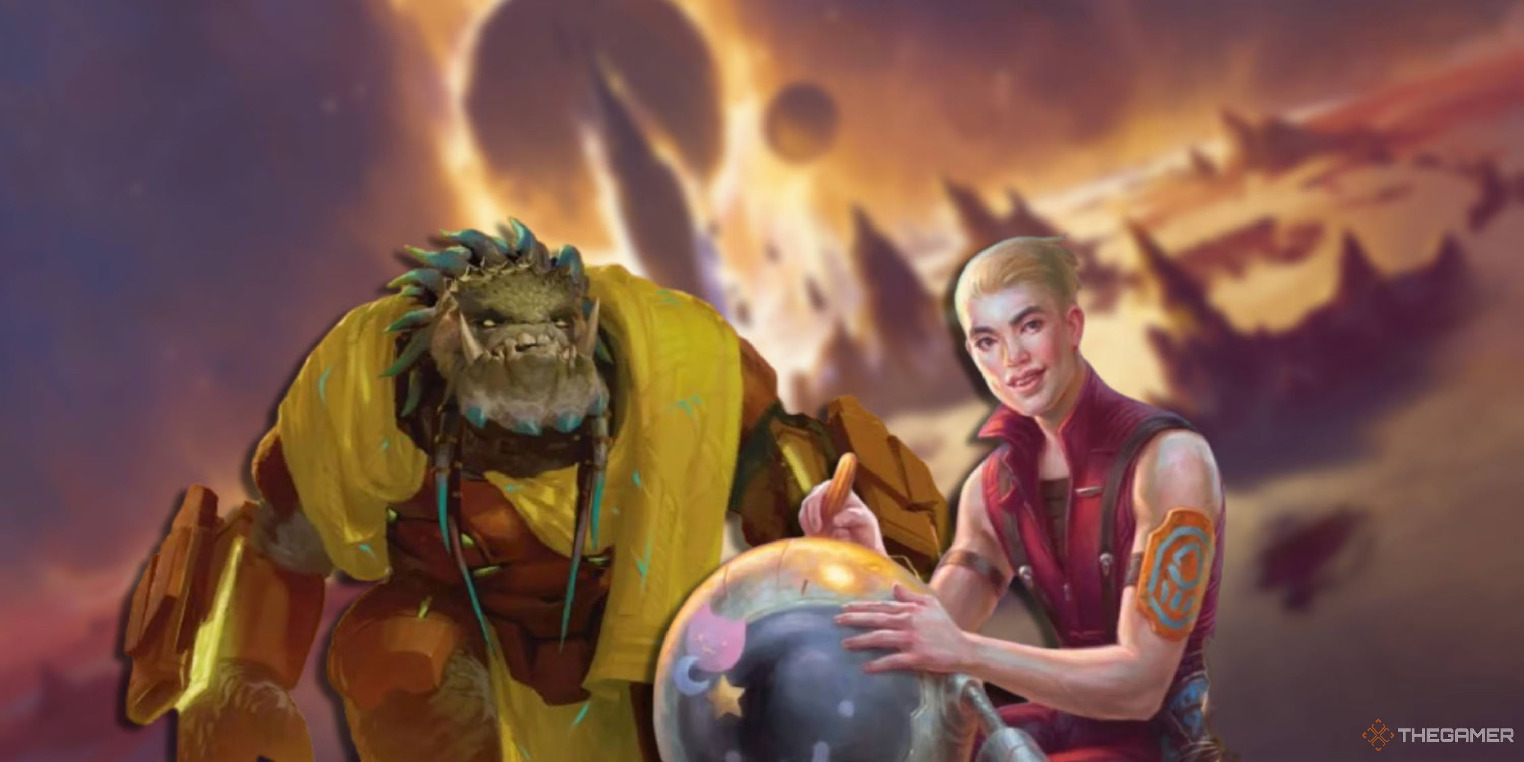 Collage of artwork of Sami and Tan posing next to each other from MTG's Edge Of Eternities.