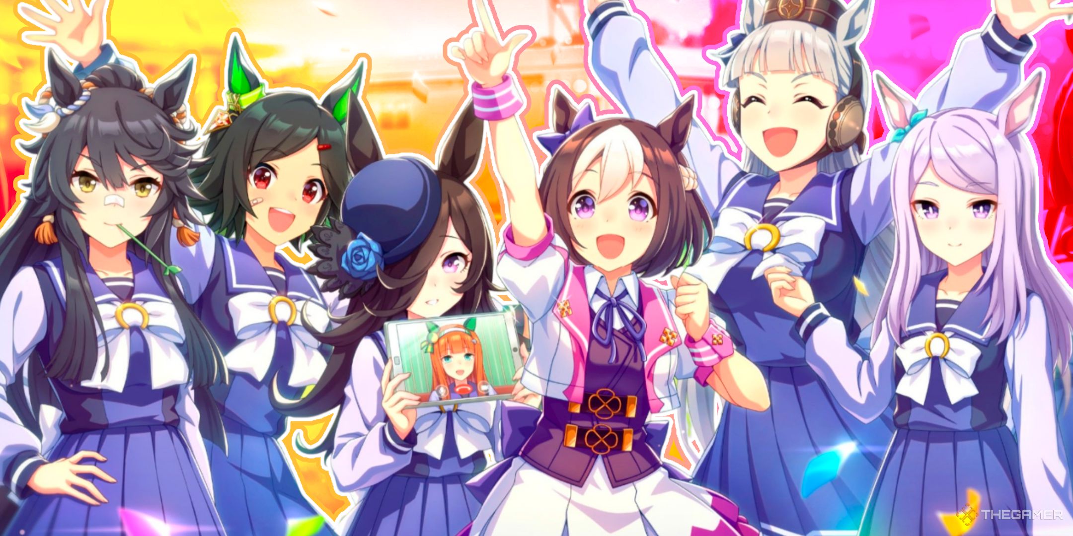 Narita Brian, Winning Ticket, Rice Shower holding a tablet video calling Silence Suzuka. Special Week, Gold Ship and Mejiro McQueen celebrating together from Umamusume: Pretty Derby.