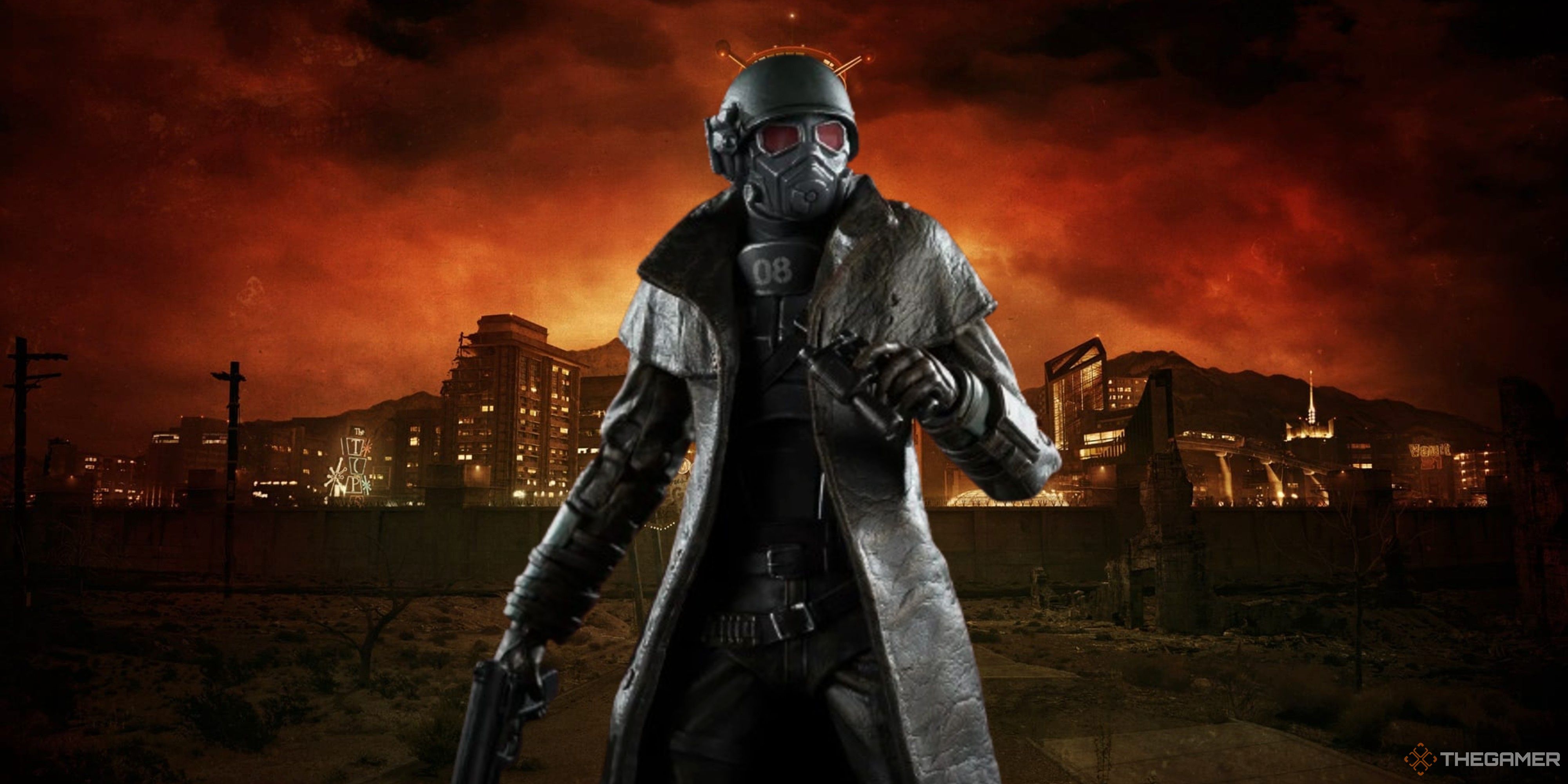 ncr ranger action figure on a new vegas skyline background.