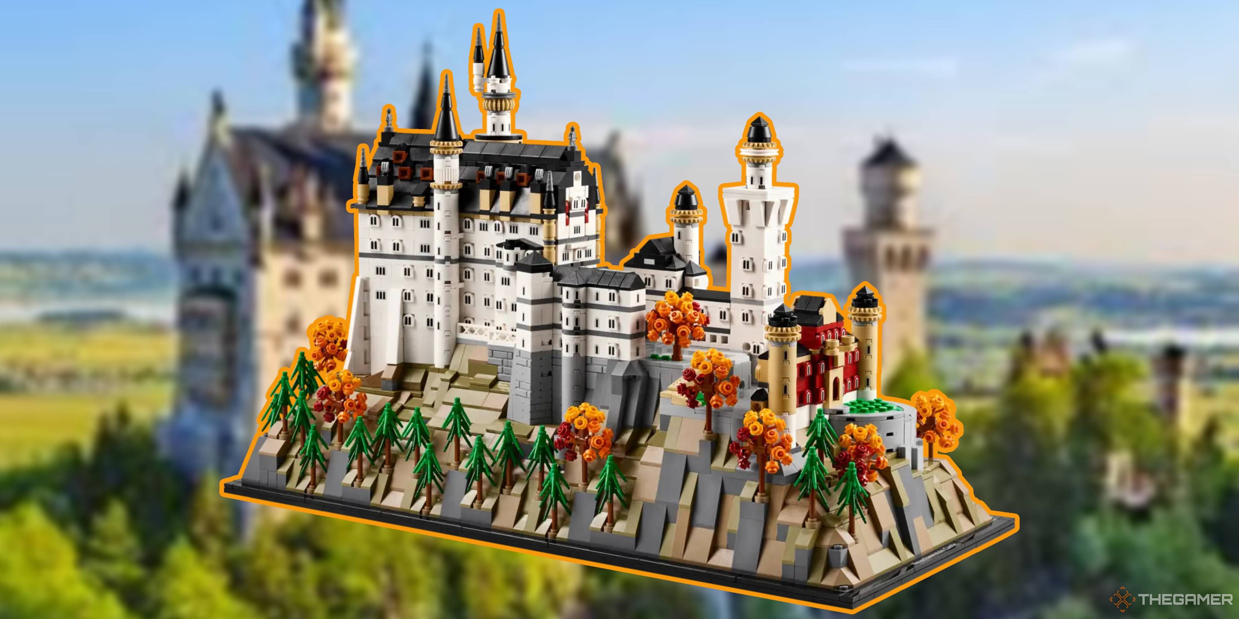 Neuschwanstein Castle lego set on a blurred background of the real castle.