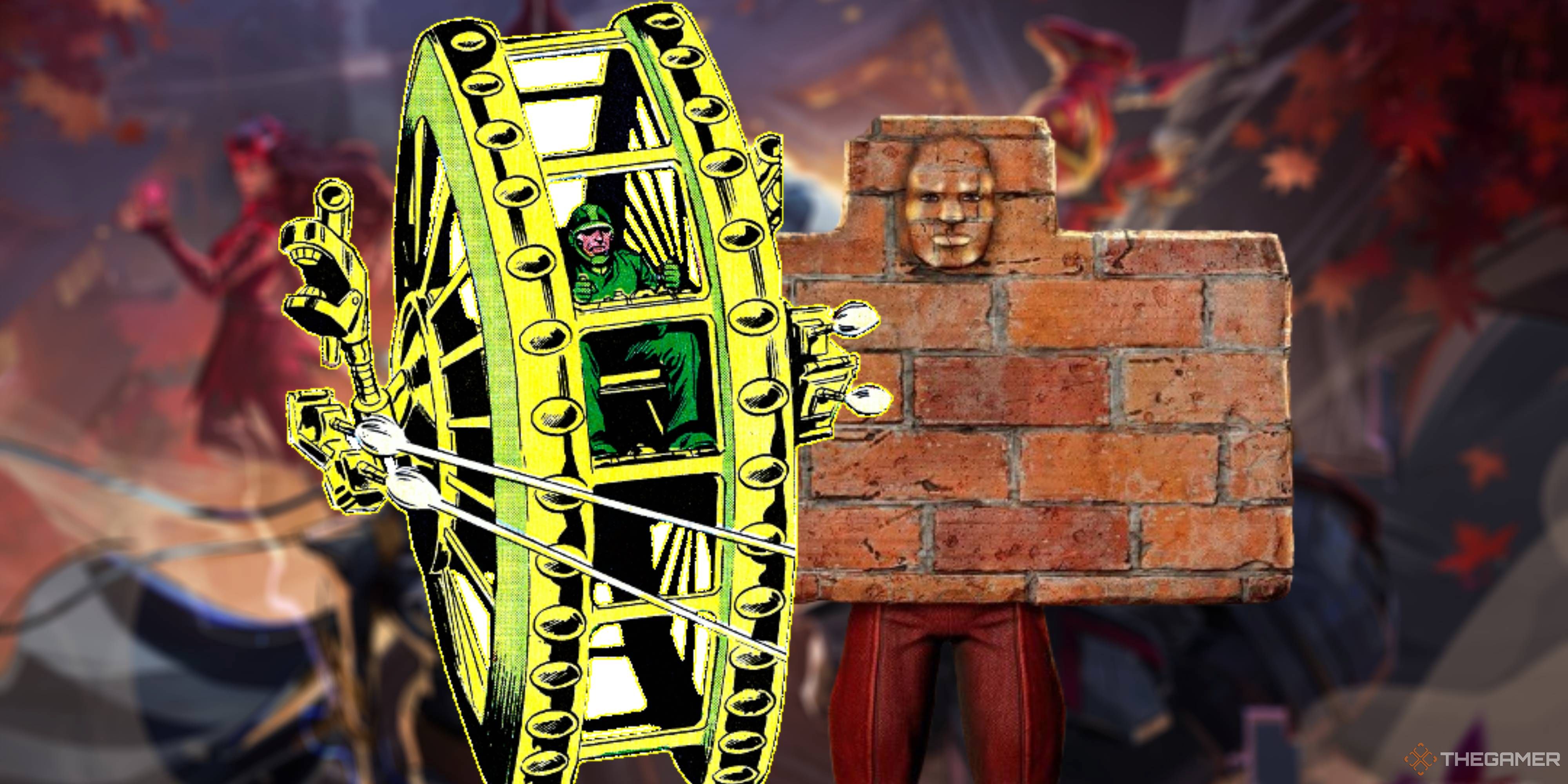 big wheel and the wall on a blurred marvel rivals background.