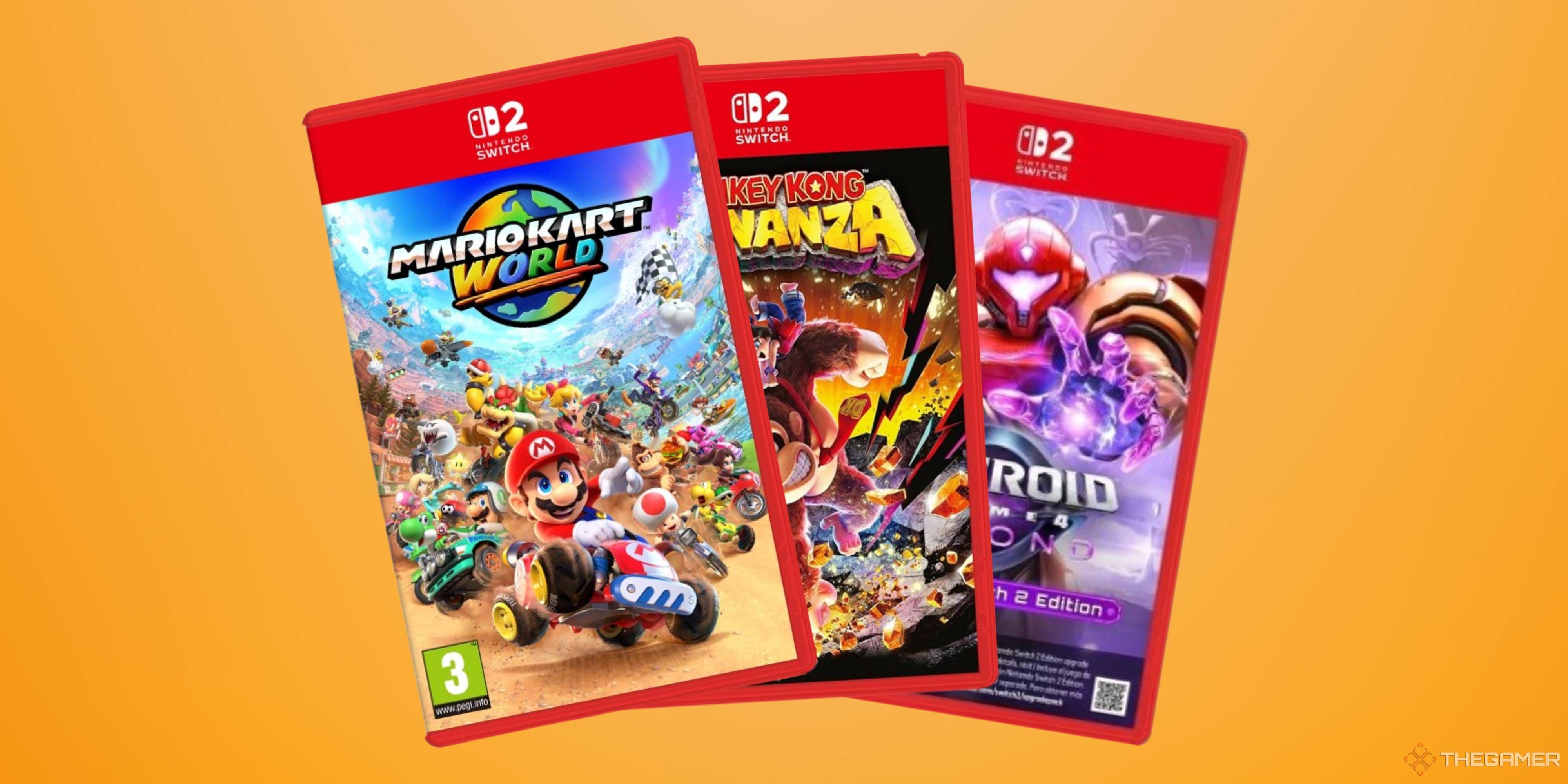 physical nintendo switch 2 copies of mario kart world donkey kong bananza and metroid prime 4.