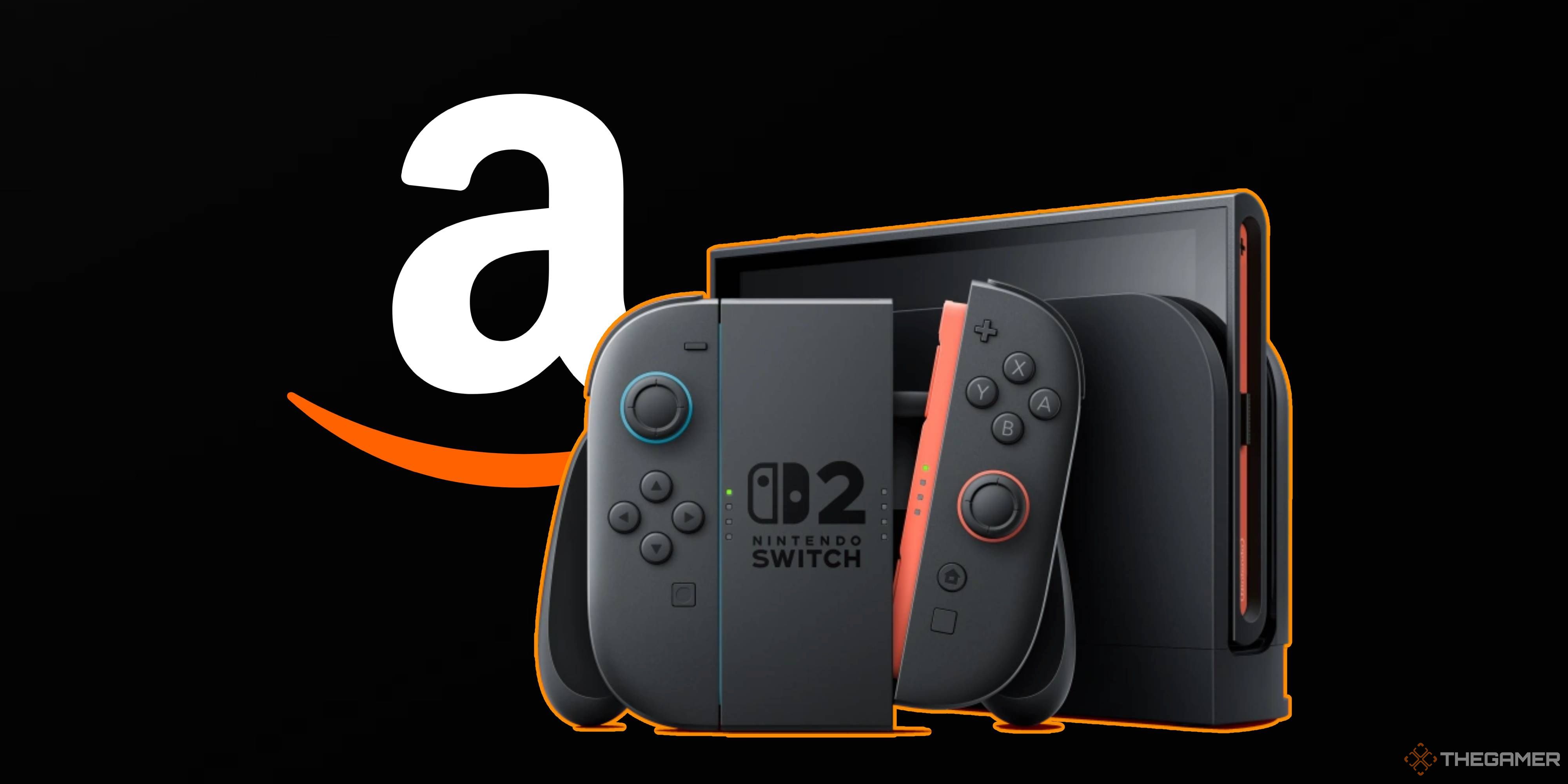 switch 2 with an orange outline in front of an amazon a logo on a black background.
