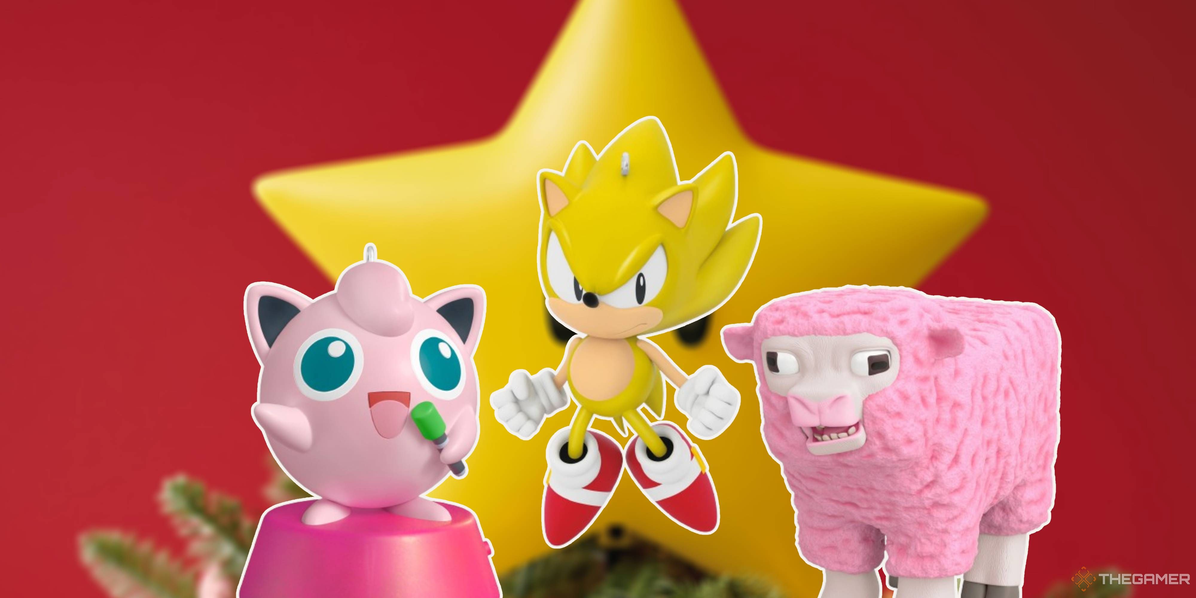 jigglypuff super sonic and minecraft pink sheep tree ornaments in front of a mario star tree topper.