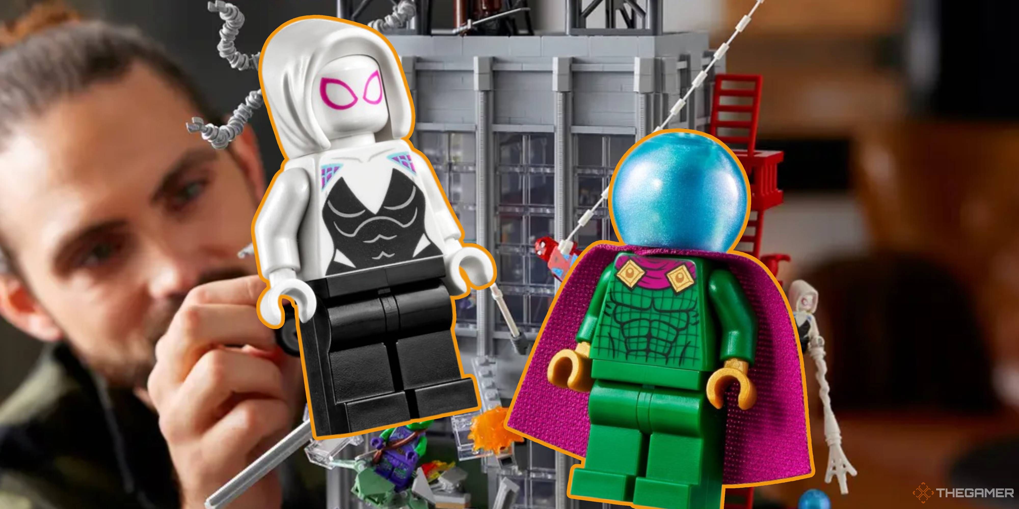 spider-gwen and mysterio minifigures in front of the lego daily bugle set.