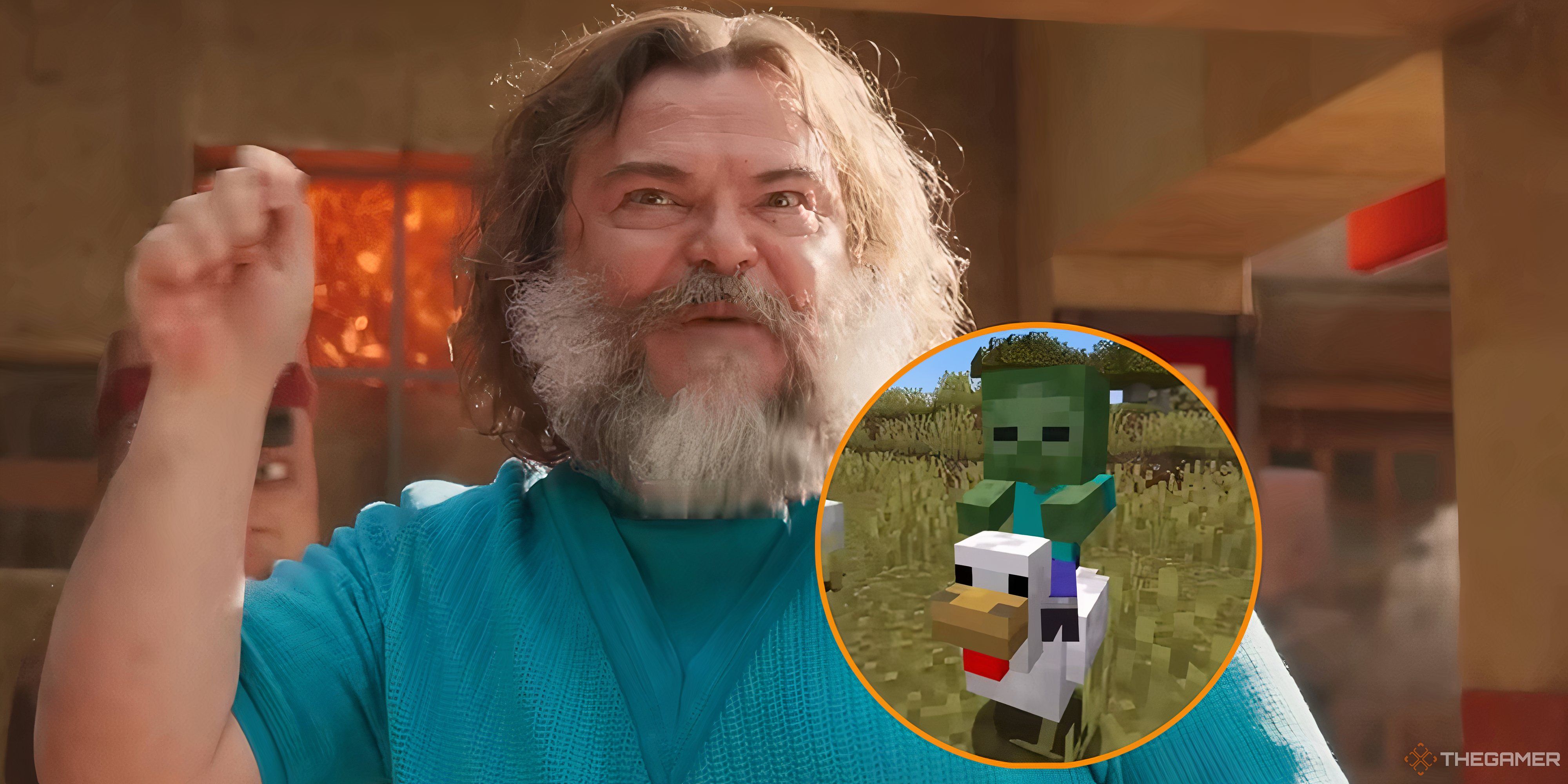 a minecraft chicken jockey in front of jack black as steve.