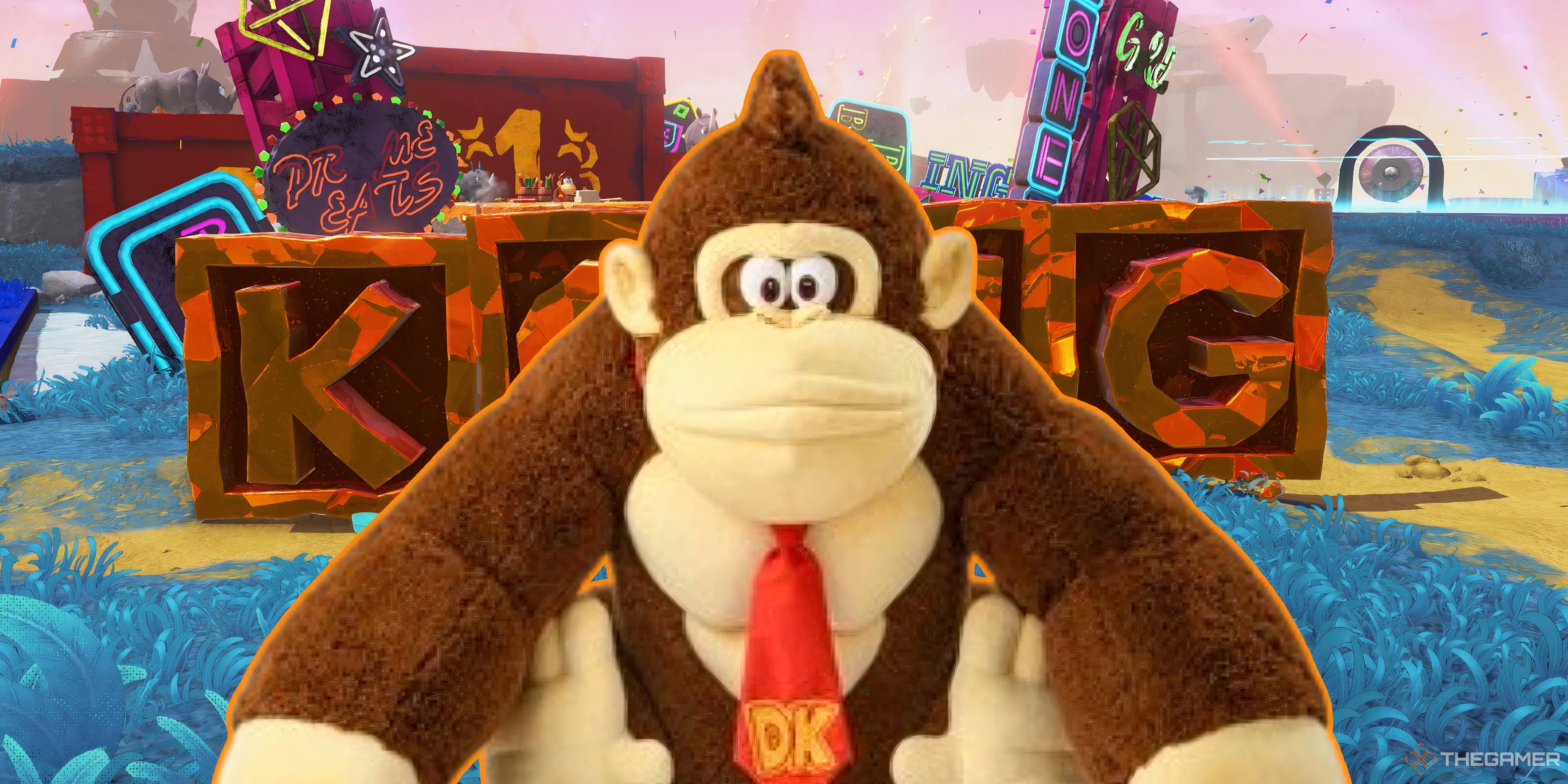 giant donkey kong plush in front of the kong letters in donkey kong bananza.