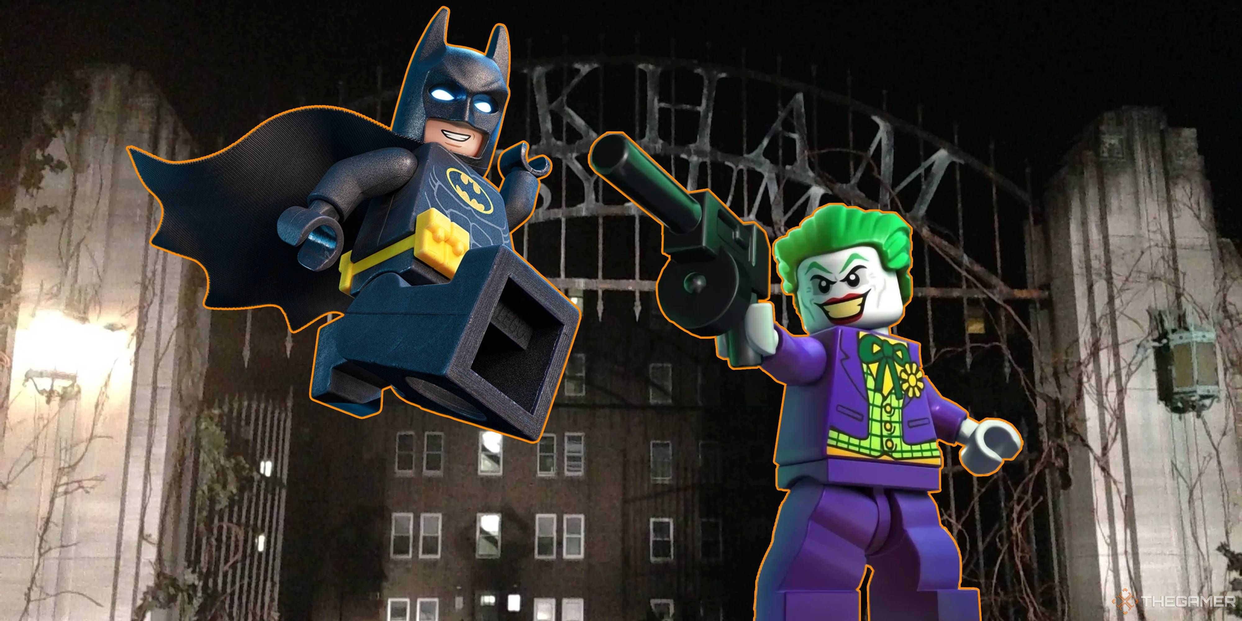 lego batman and lego joker in front of the arkham asylum gates.