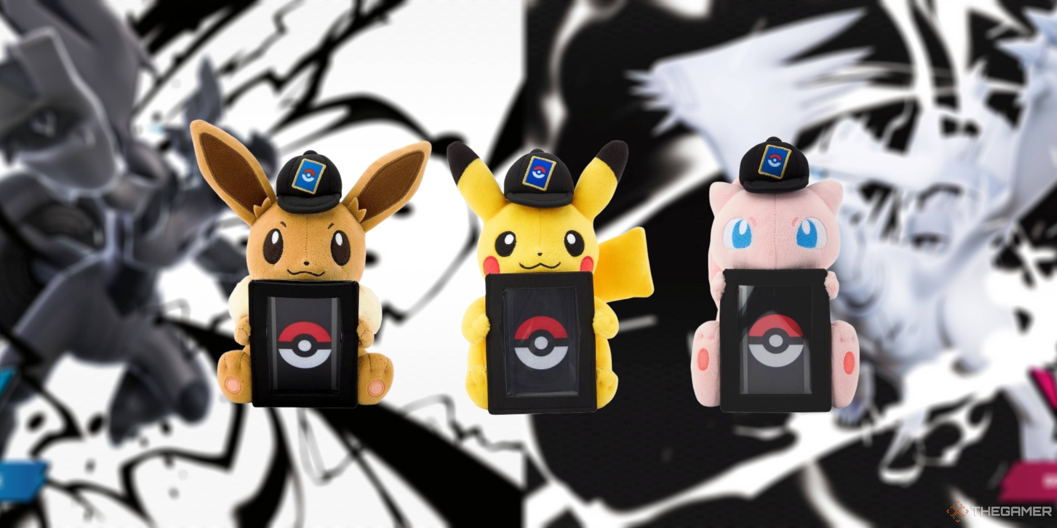 eevee pikachu and mew pokemon tcg card holding plushes.