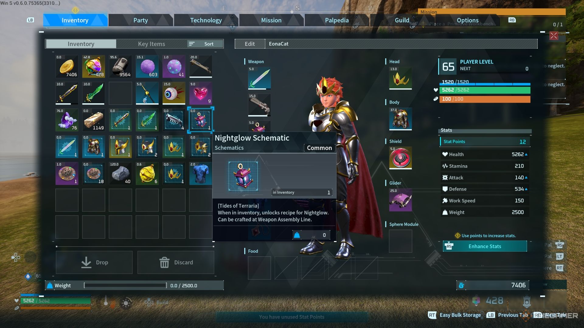 Nightglow schematic in the inventory of the player - Palworld
