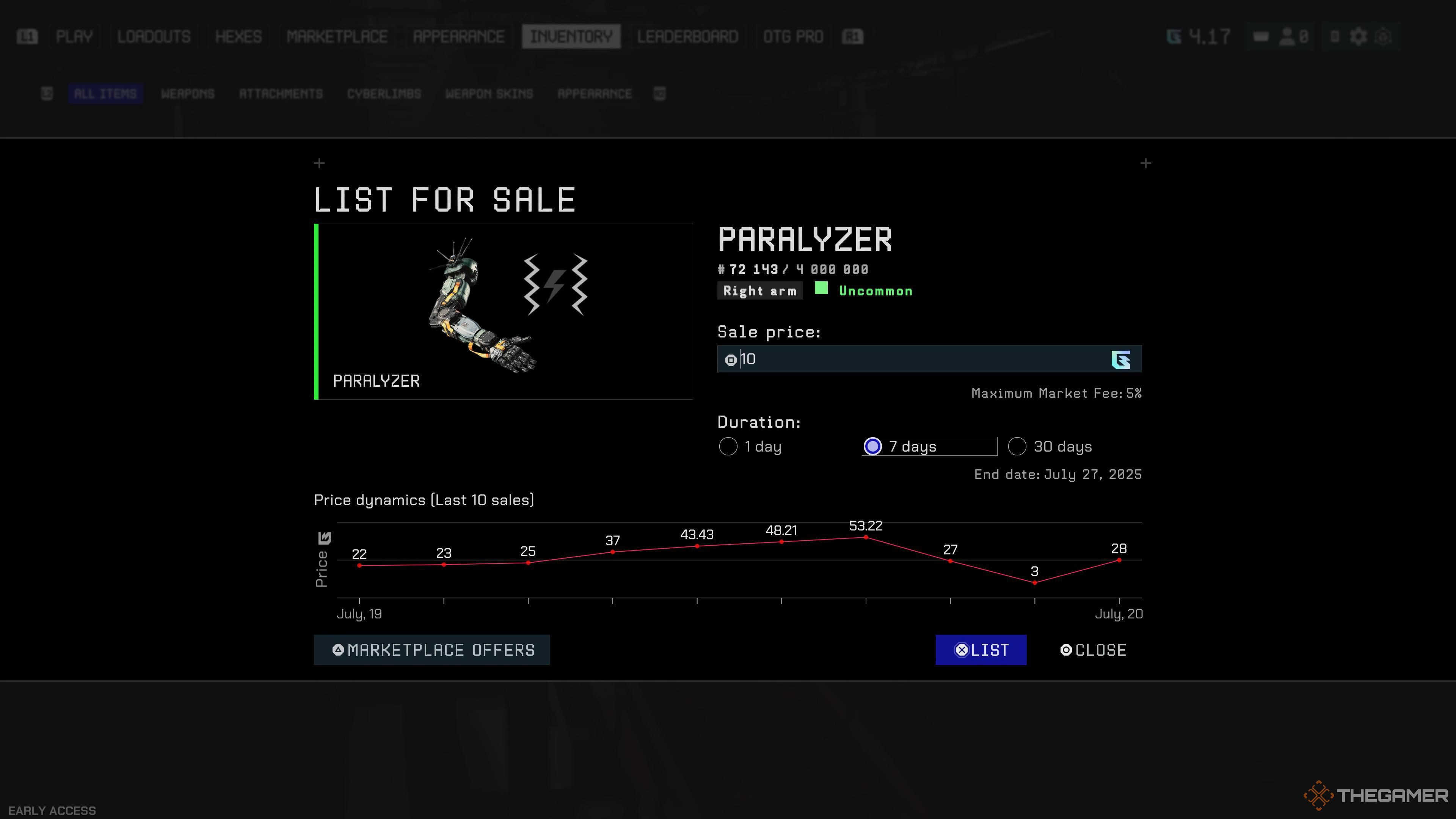 The List For Sale menu for an arm item in Off The Grid.