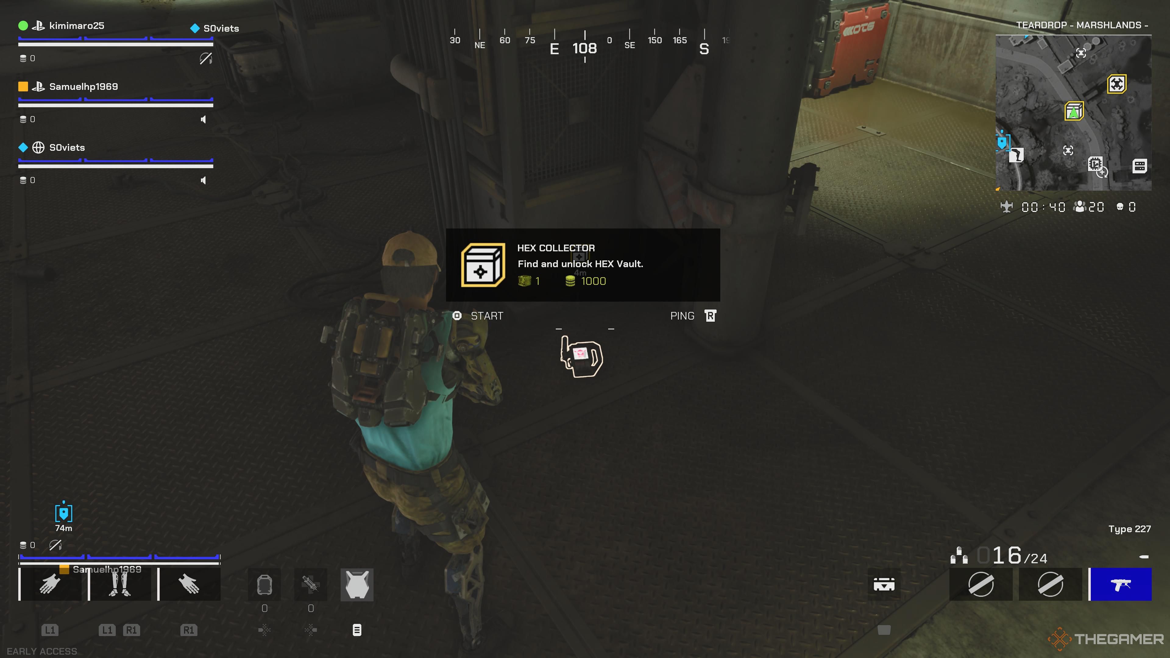 The player looking at a Hex Collector Contract on the floor in Off The Grid.