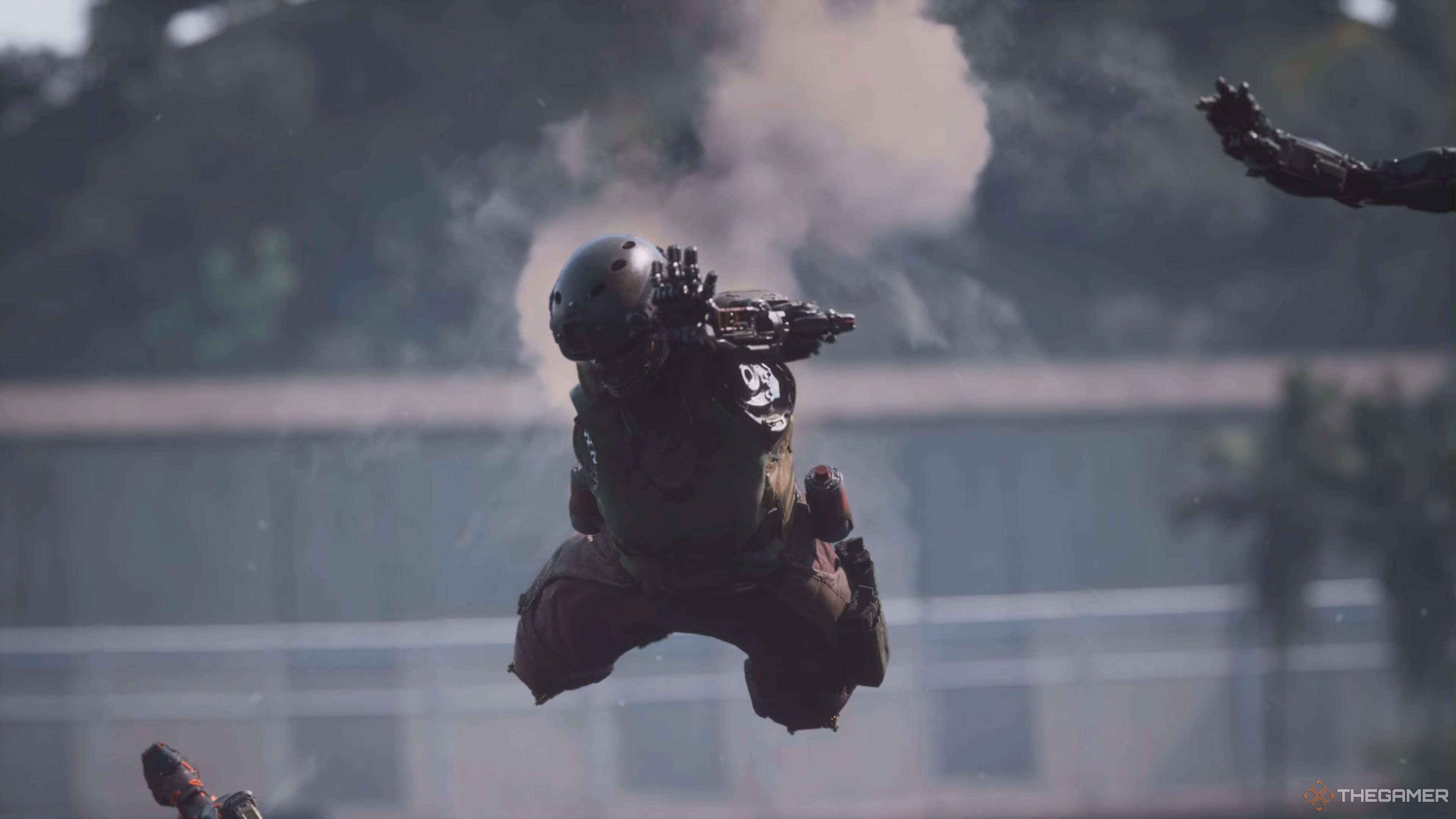 A close shot of a soldier flying toward the camera in a cutscene in Off The Grid.
