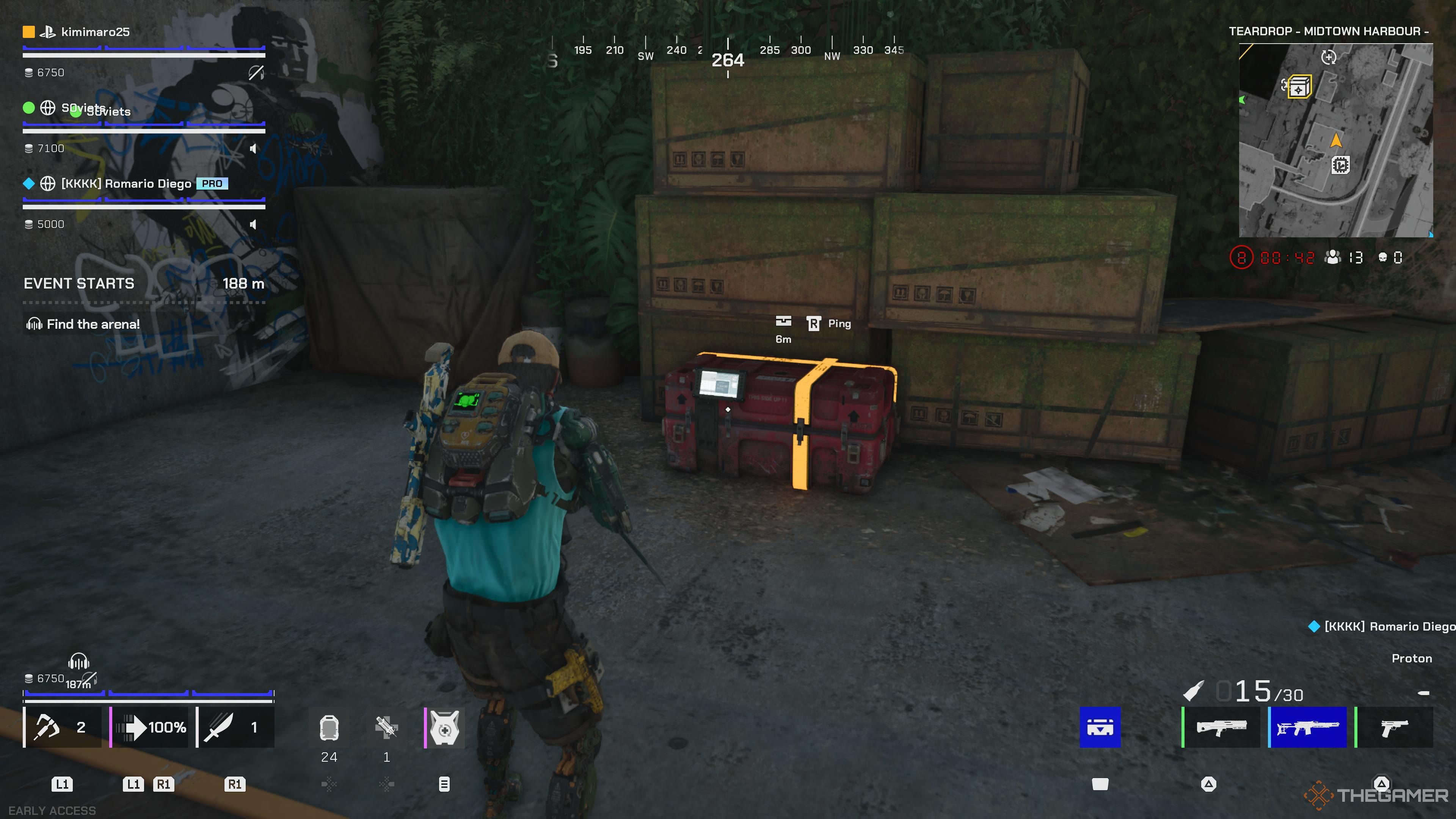 The player looking at a red chest that will drop a cyberlimb in Off The Grid.