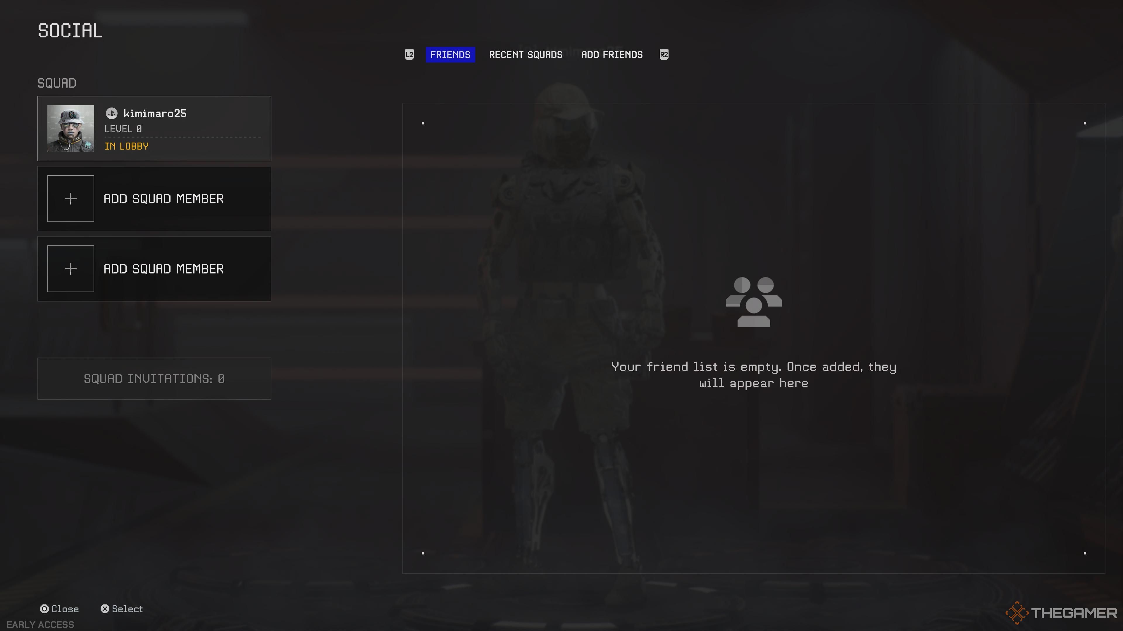 The Social Menu in Off The Grid, with an empty squad and friend list.