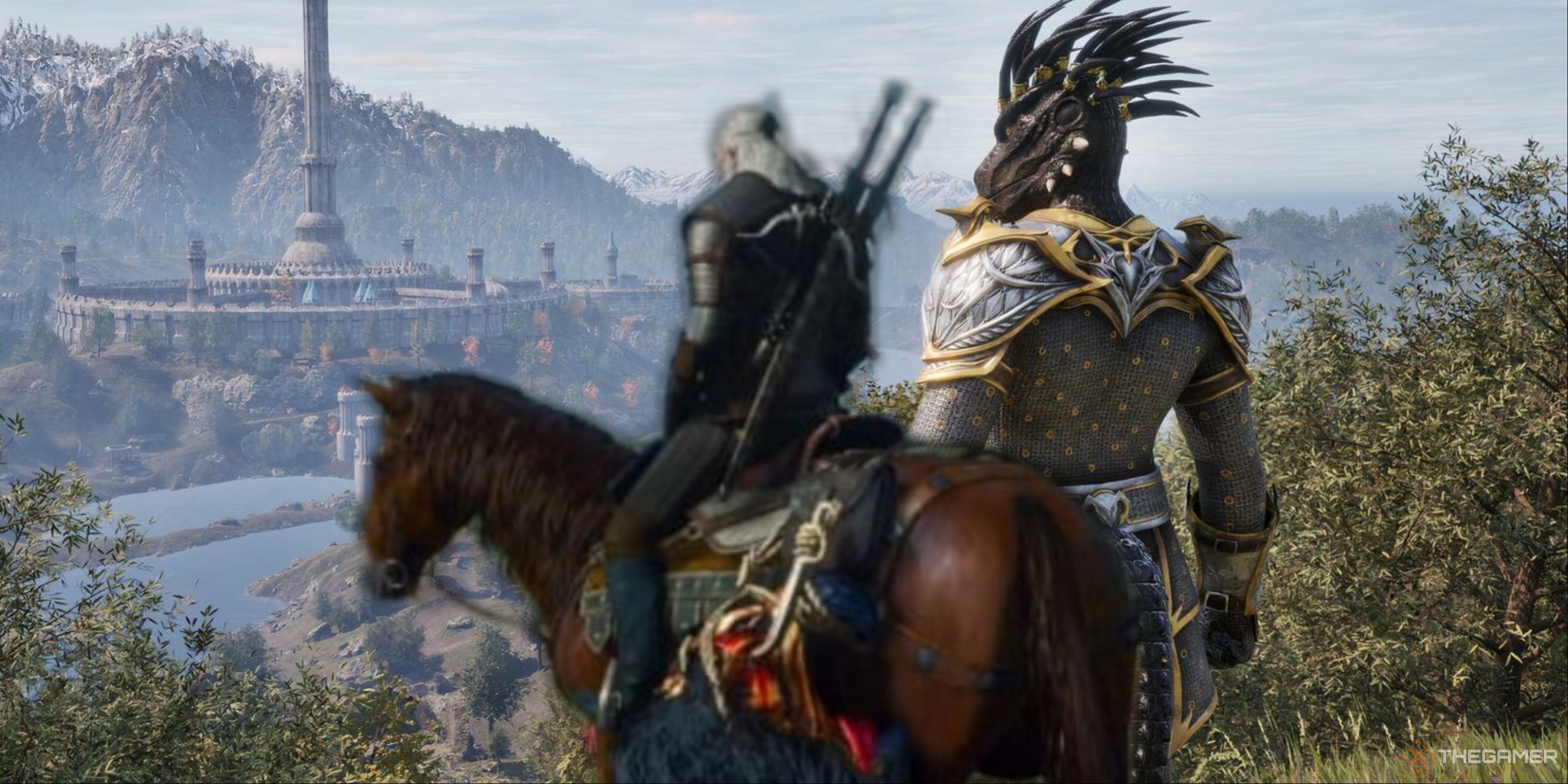 Geralt on Roach from The Witcher 3 next to a character from Oblivion Remastered.