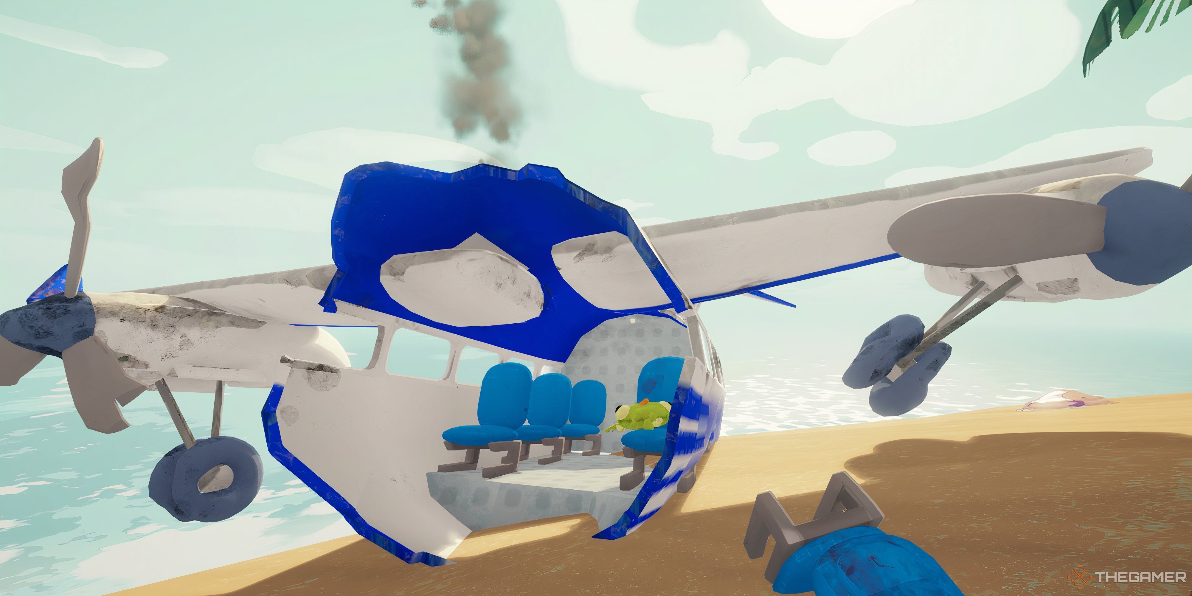 Player looking at half of planes body on the shore in Peak. There is a seat on the sand infront of the broken plane.