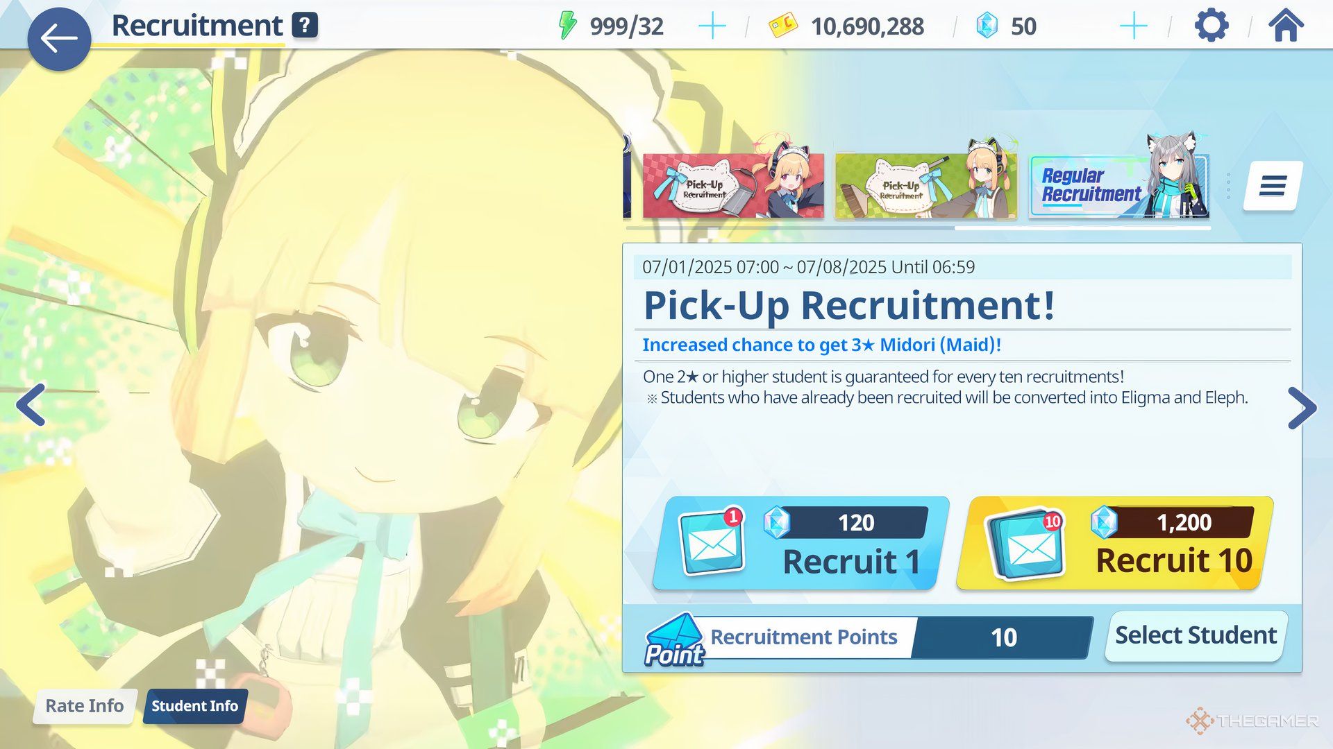 Pick Up Recruitment Banner is shown in Blue Archive.