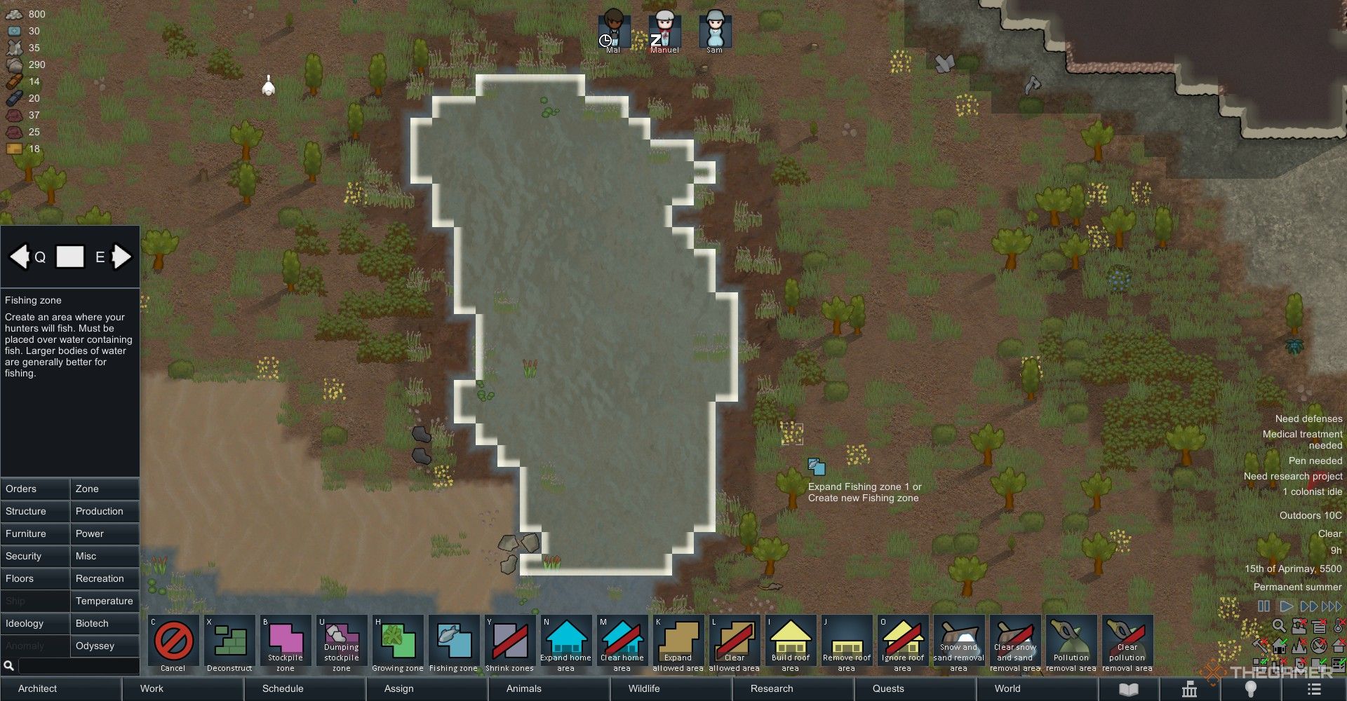 Placing a fishing zone in Rimworld.