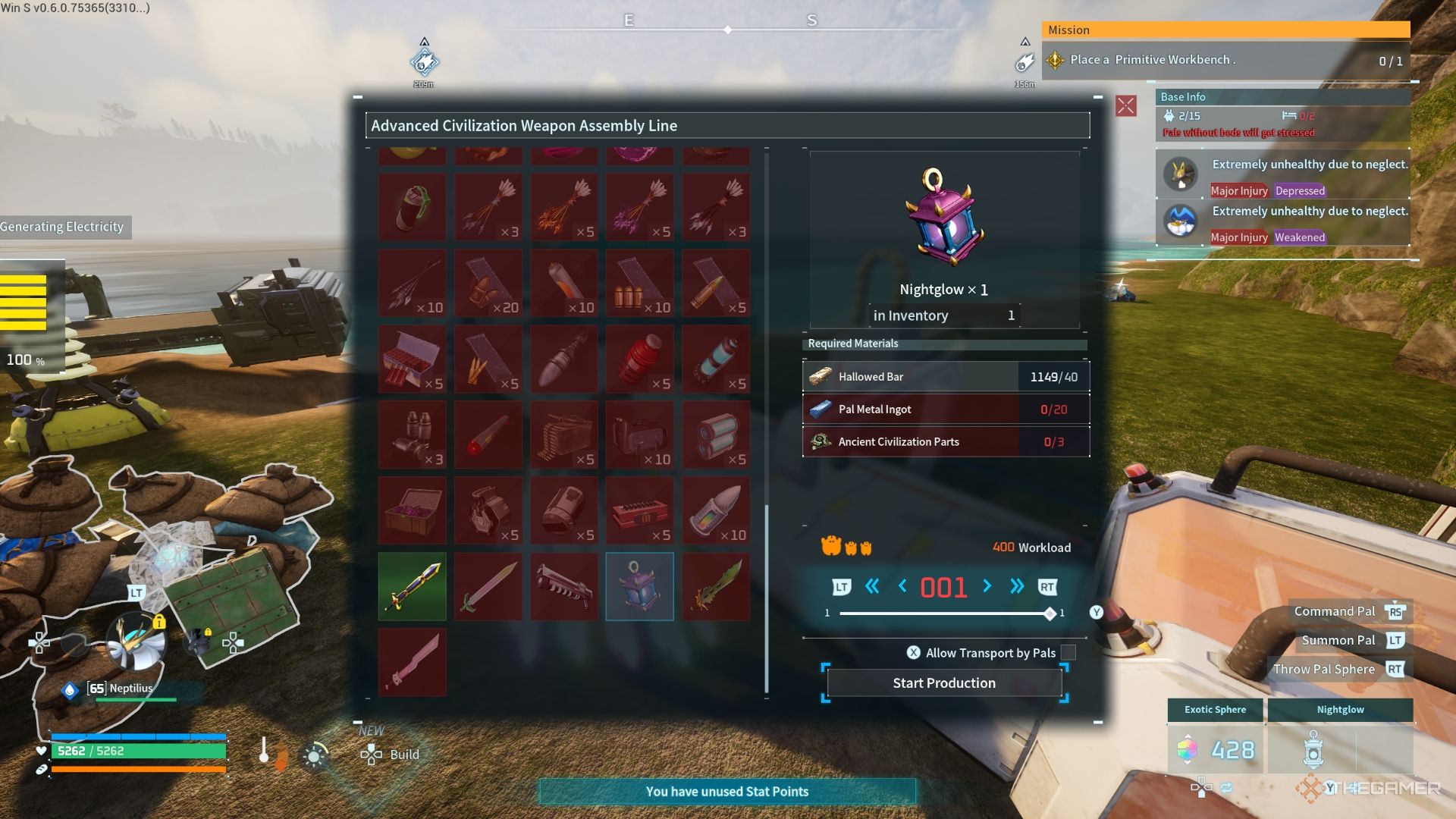Player about to craft the Nightglow weapon - Palworld