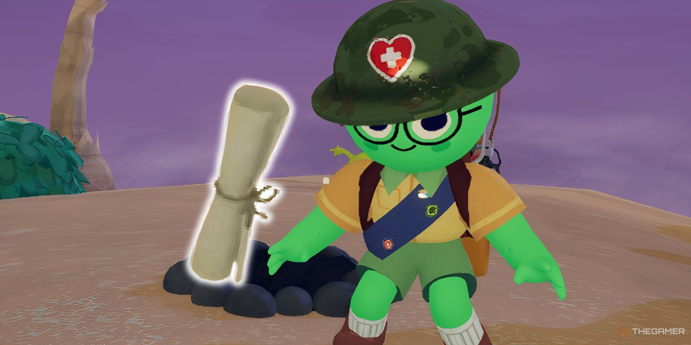 Player in peak standing next to a scroll in Peak.