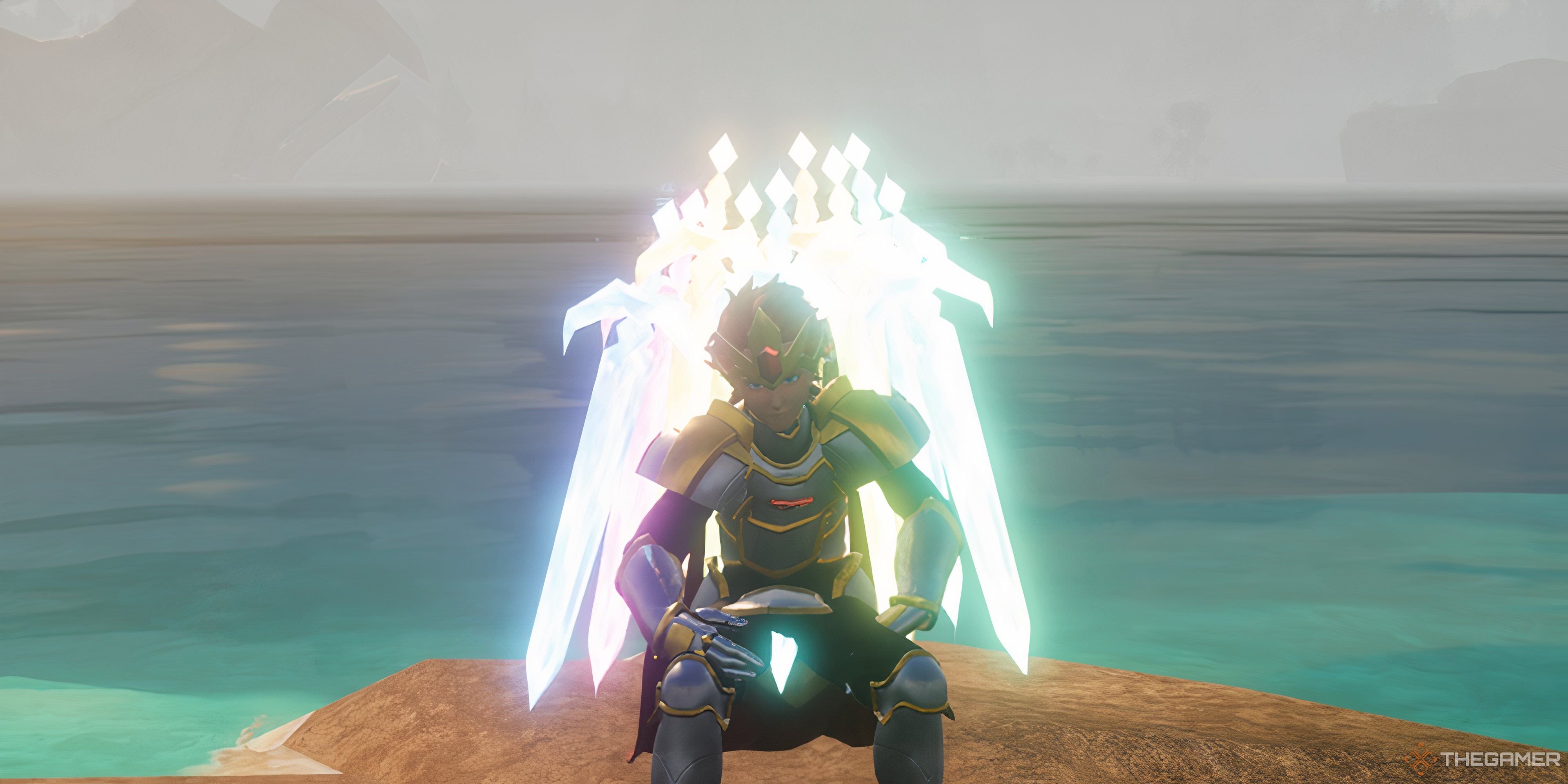 Player is sitting and multiple glowing swords are behind him - Palworld