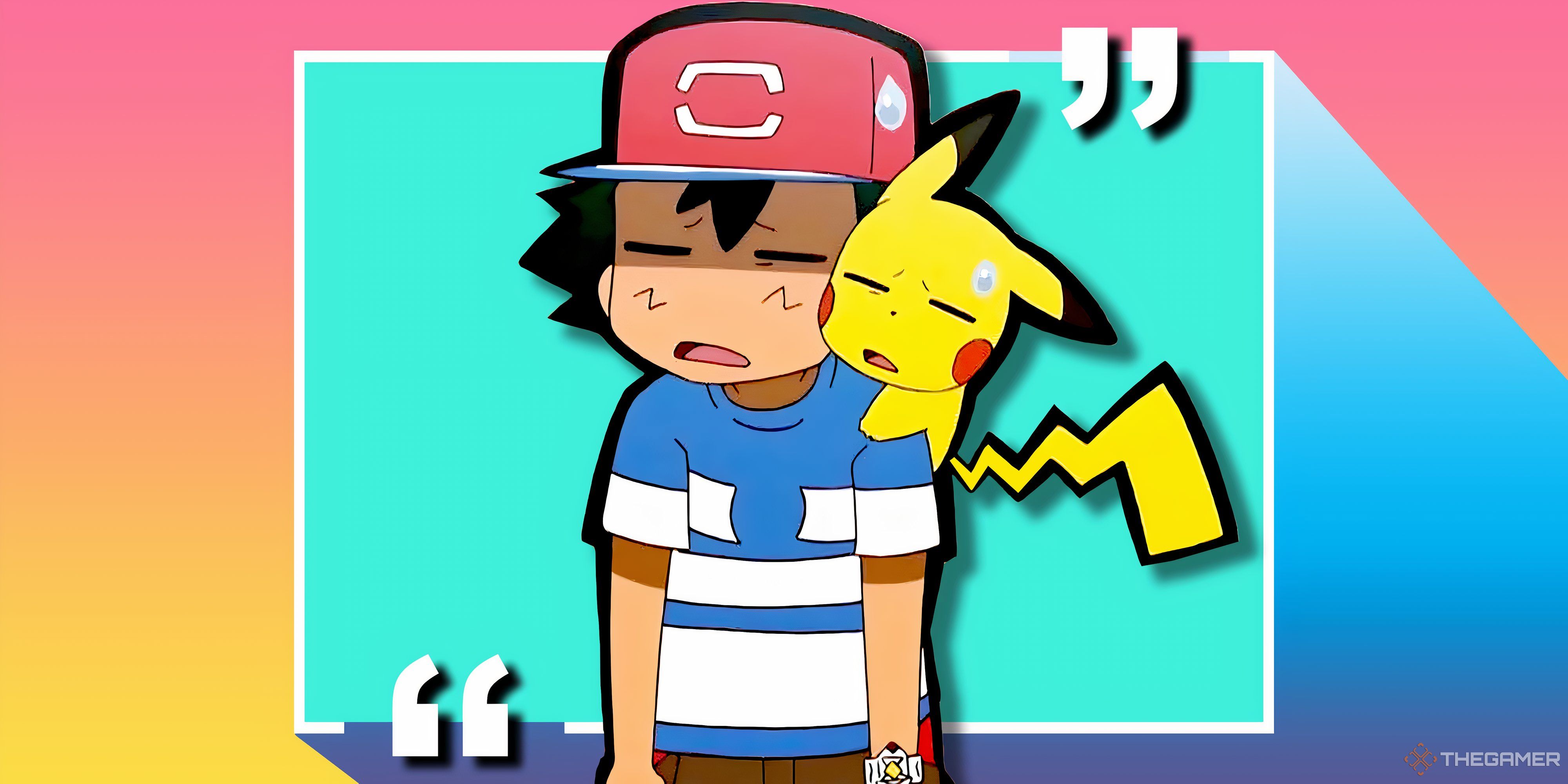Ash and Pikachu looking bummed out with a blue background.