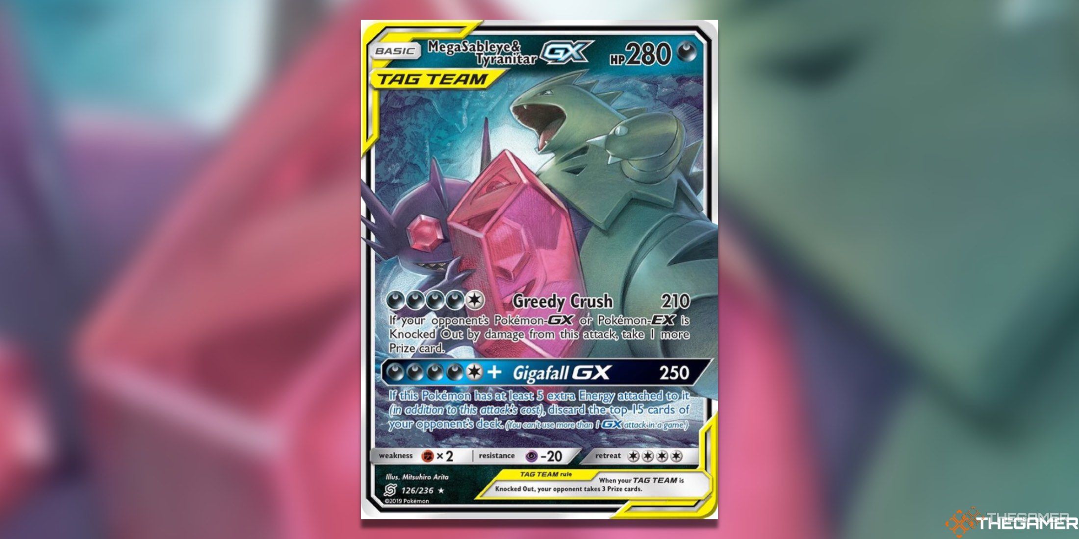 The Mega Evolutions M Sabeleye And Tyranitar GX from the Pokemon TCG.