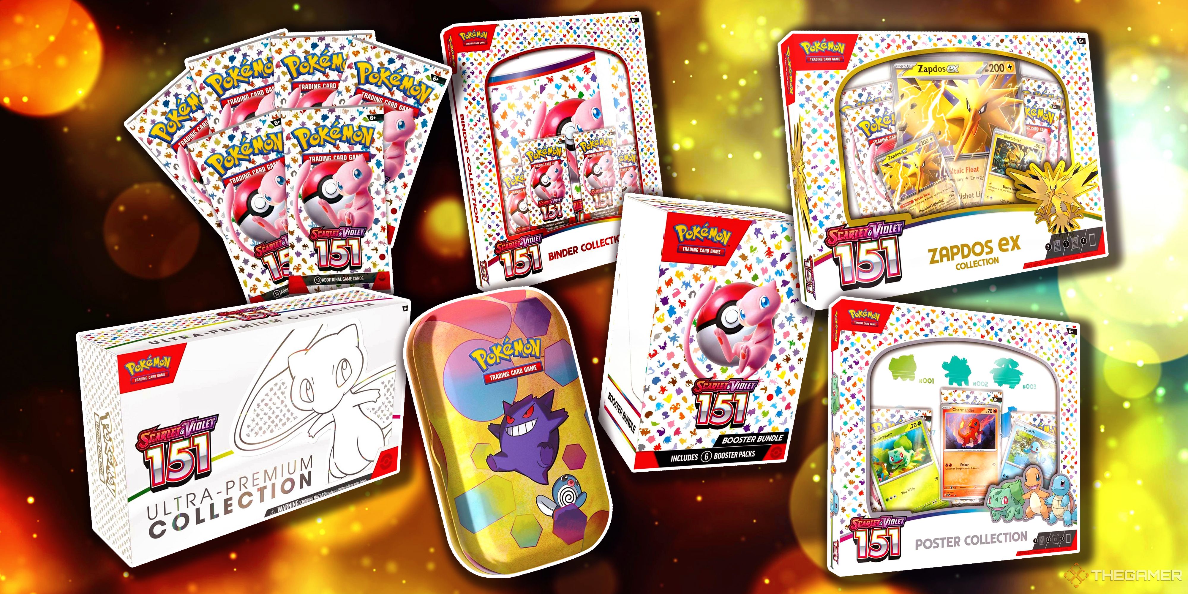 A collage of all Scarlet & Violet: 151 Products from the Pokemon TCG.