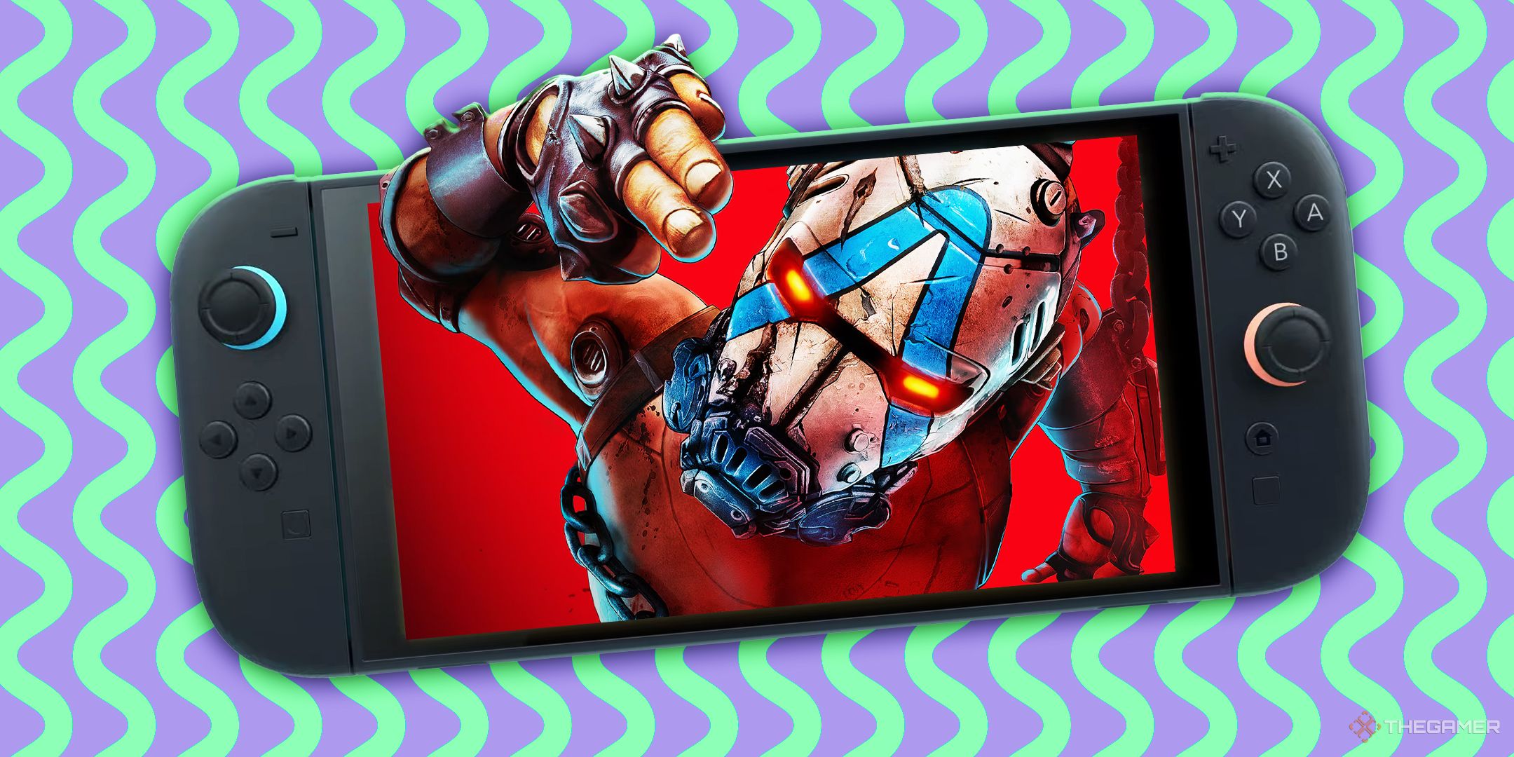 Psycho from Borderlands 4 reaching out of a Nintendo Switch 2.