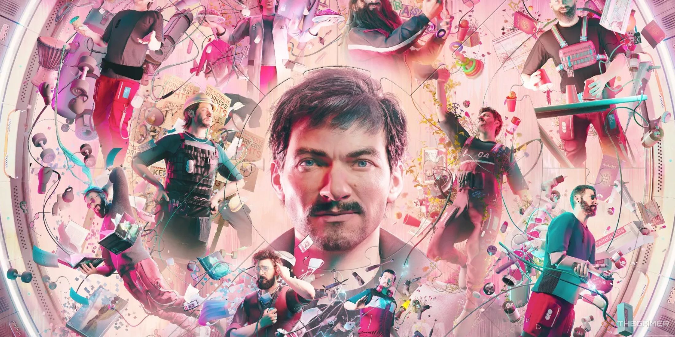 Puzzle pieces fitting together of key art from The Alters.