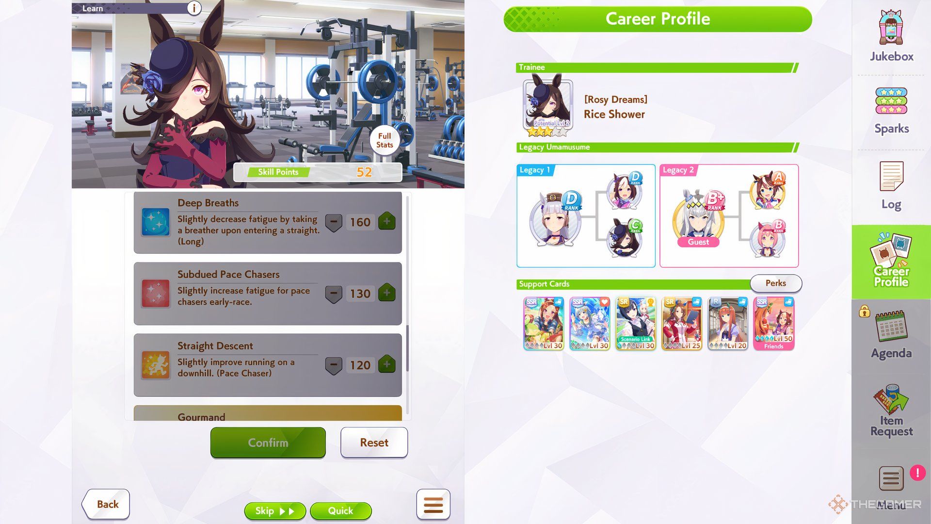 Rice Shower Skills menu is shown in Umamusume: Pretty Derby.