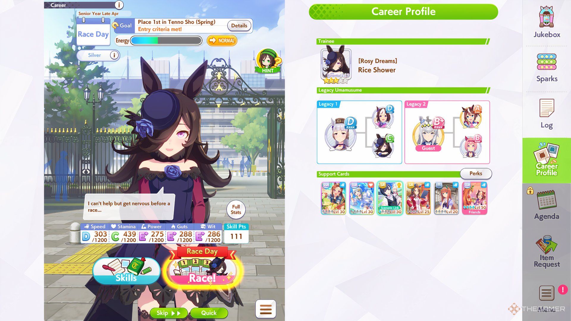 Rice Shower Stats are shown in Umamusume: Pretty Derby.