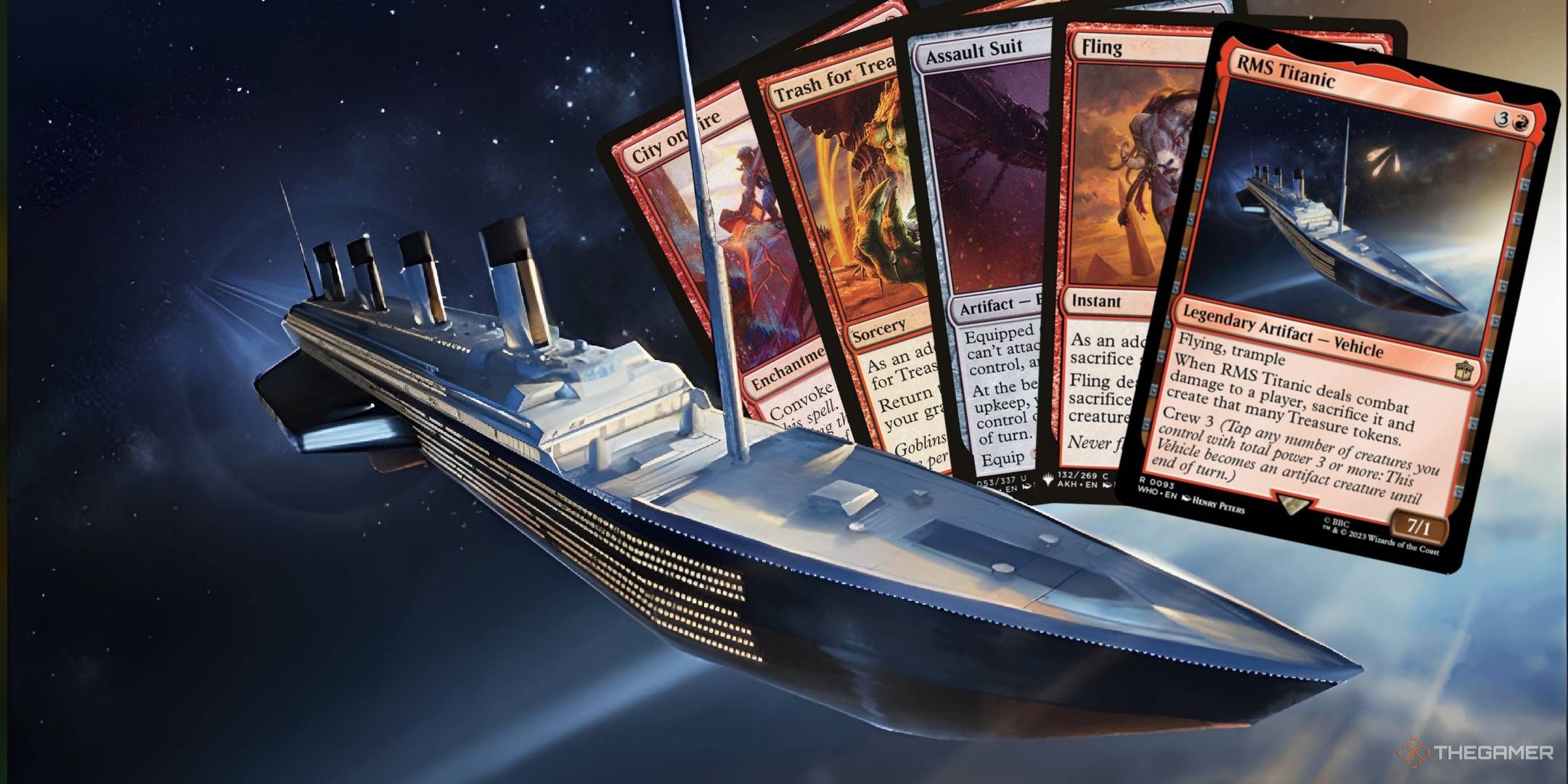 The RMS Titanic orbits Earth, along with five key cards from the deck.
