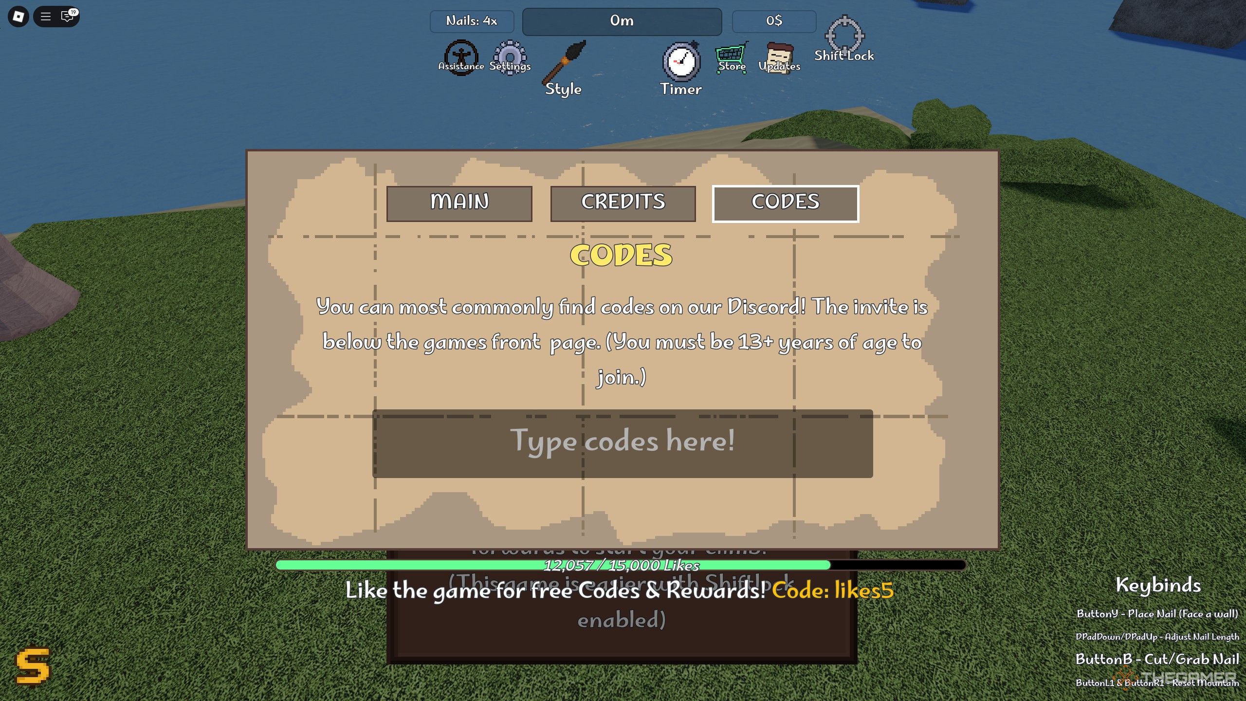 the codes box in Climbing Game on Roblox