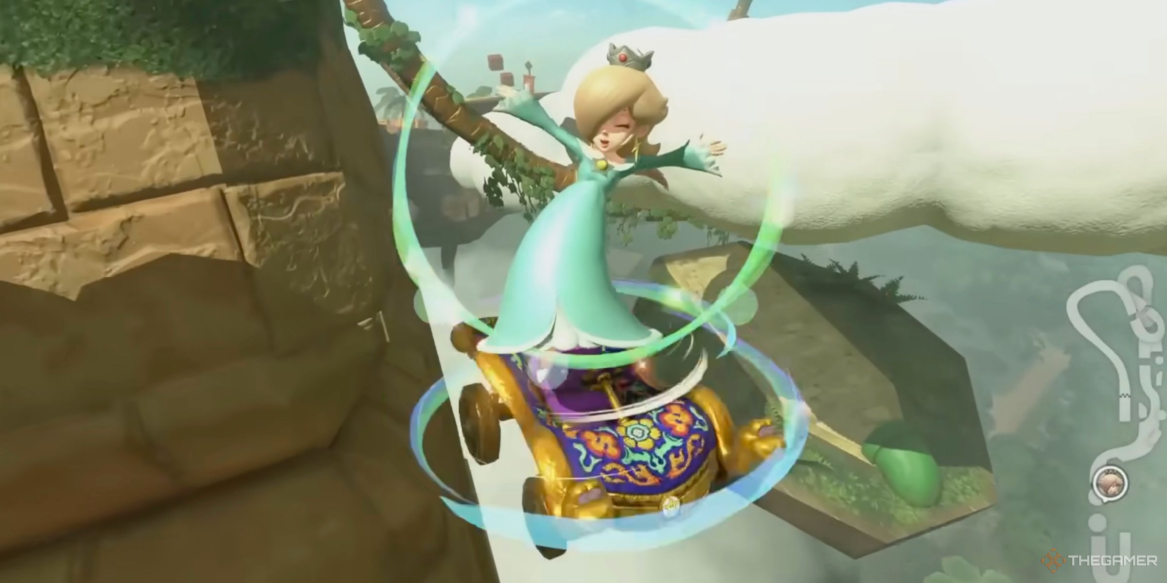 Rosalina doing a Charge Jump off the edge of Great Question Block Ruins to take a shortcut in Mario Kart World.